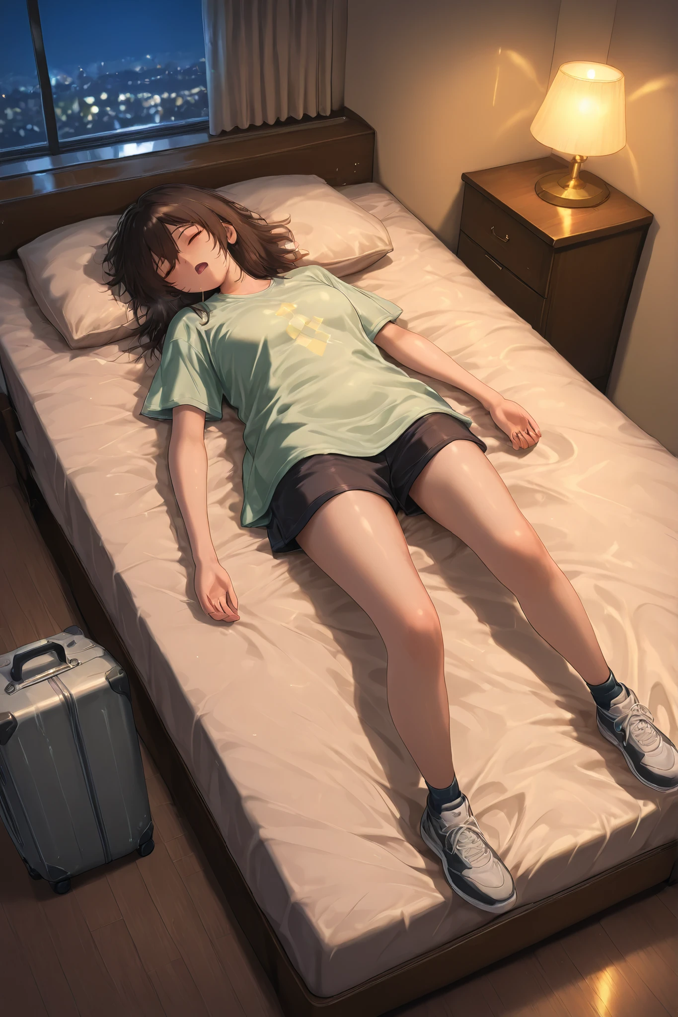 (masterpiece, best quality, 4k, cinematic lighting, slice of life, realistic anime style),
(exhausted girl fallen asleep in a hotel room, half unpacked suitcase open on the floor beside her, clothes and travel items scattered around, one hand still holding a shirt),
(sleeping face, peaceful expression, slightly open mouth, relaxed posture, shoes off, lying near the bed),
(background: cozy hotel room, warm lamp light, curtains half-closed, gentle shadows, night atmosphere),
(travel fatigue, serene exhaustion, warmth and calm, cinematic softness, detailed lighting and texture)