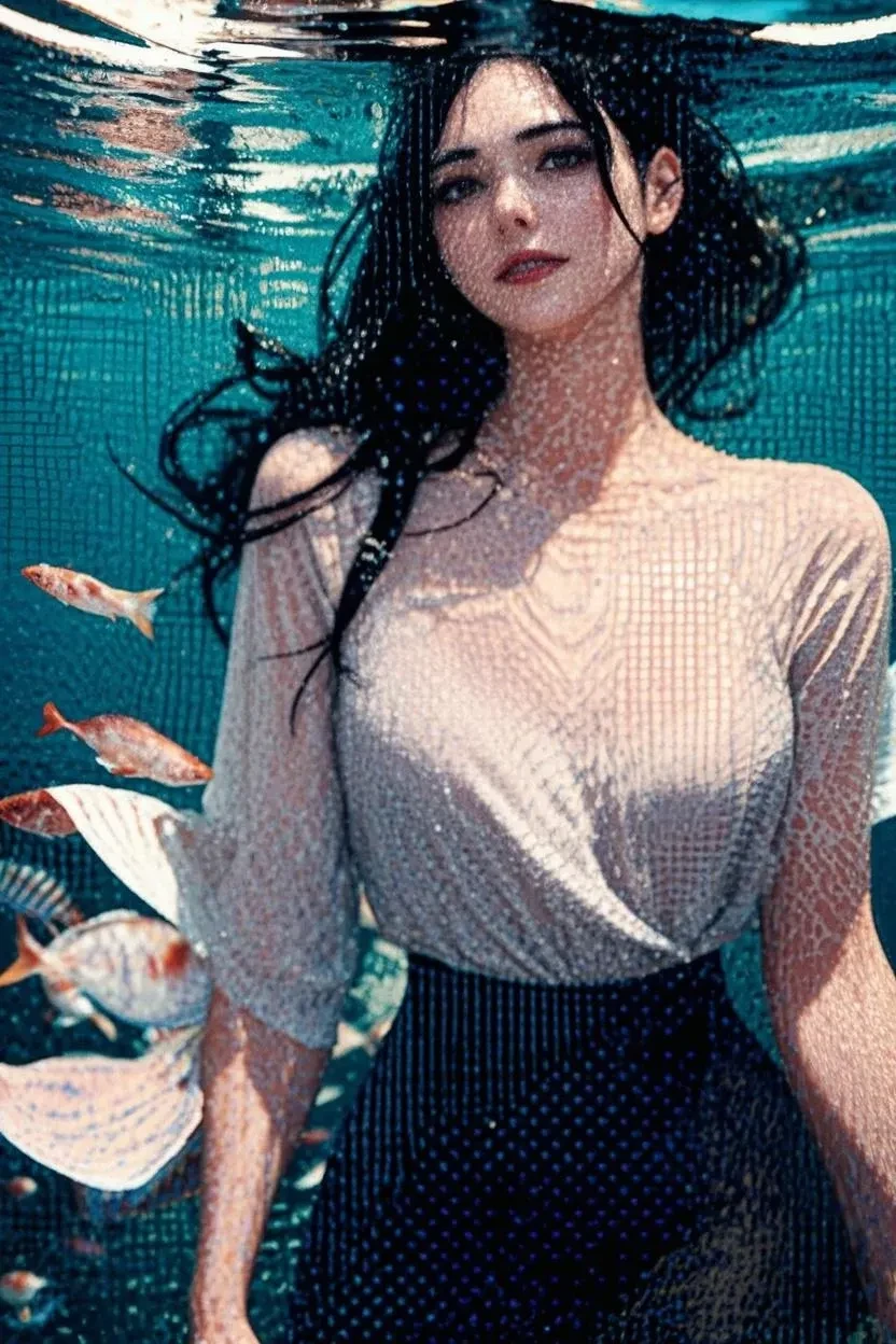 Creative rendition of a beautiful woman dancing underwater