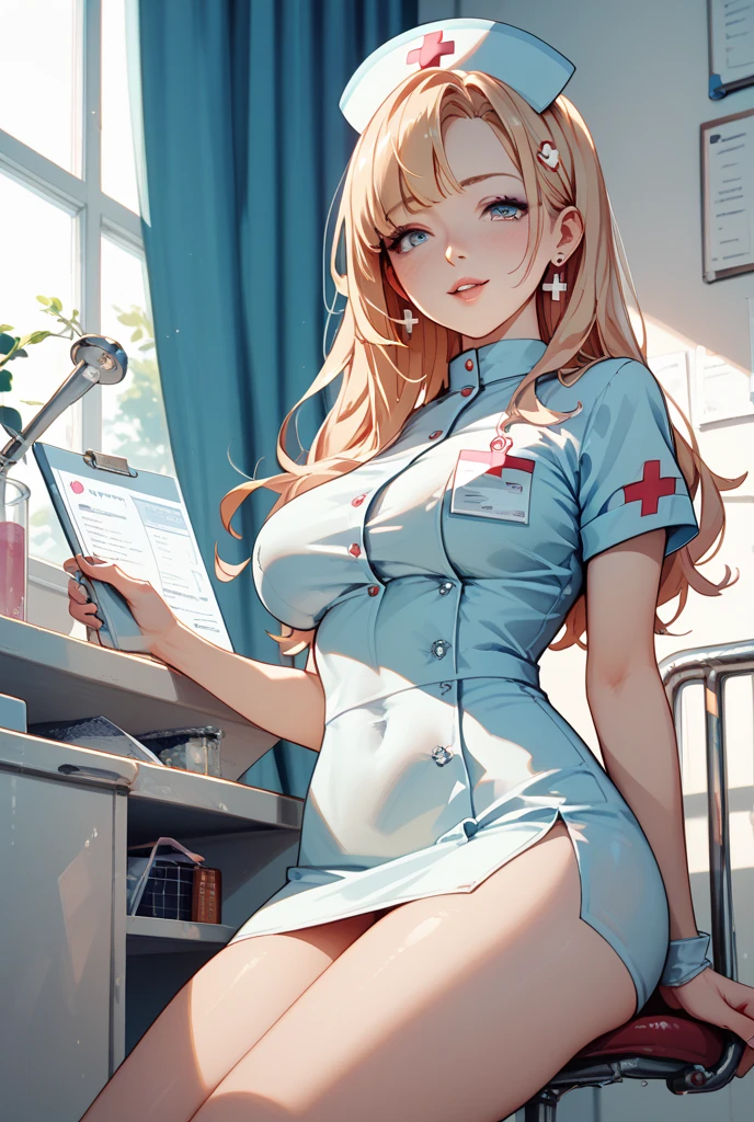1girl in, (Solo:1.2), (Beautiful and detailed eyes description), (beautiful and detailed face), Perfect female body, neat figure, Slender waist, (Young Girl), (20 years old), Long hair, Platinum Blonde Hair, Two-side-up,Very big eyes, Blue eyes, Smaller , cleavage, blush, Shy, watery lips, Nurse, (nurse dress), Nurse Cap, (unbuttons),Stunning lace and moss green , (White Gloves:1.2), (White pantyhose), high-heels, a necklace, Hospital bed, White curtains, Sunlight, hand between legs, Straddle the camera, Squatting, (Best Quality), (ultra-detailliert), (masuter piece), (hight resolution), (Original), (the Extremely Detailed CG Unity 8K Wallpapers), Character Design, Game CG, Detailed Manga Illustration,(Remove the bra with both hands)