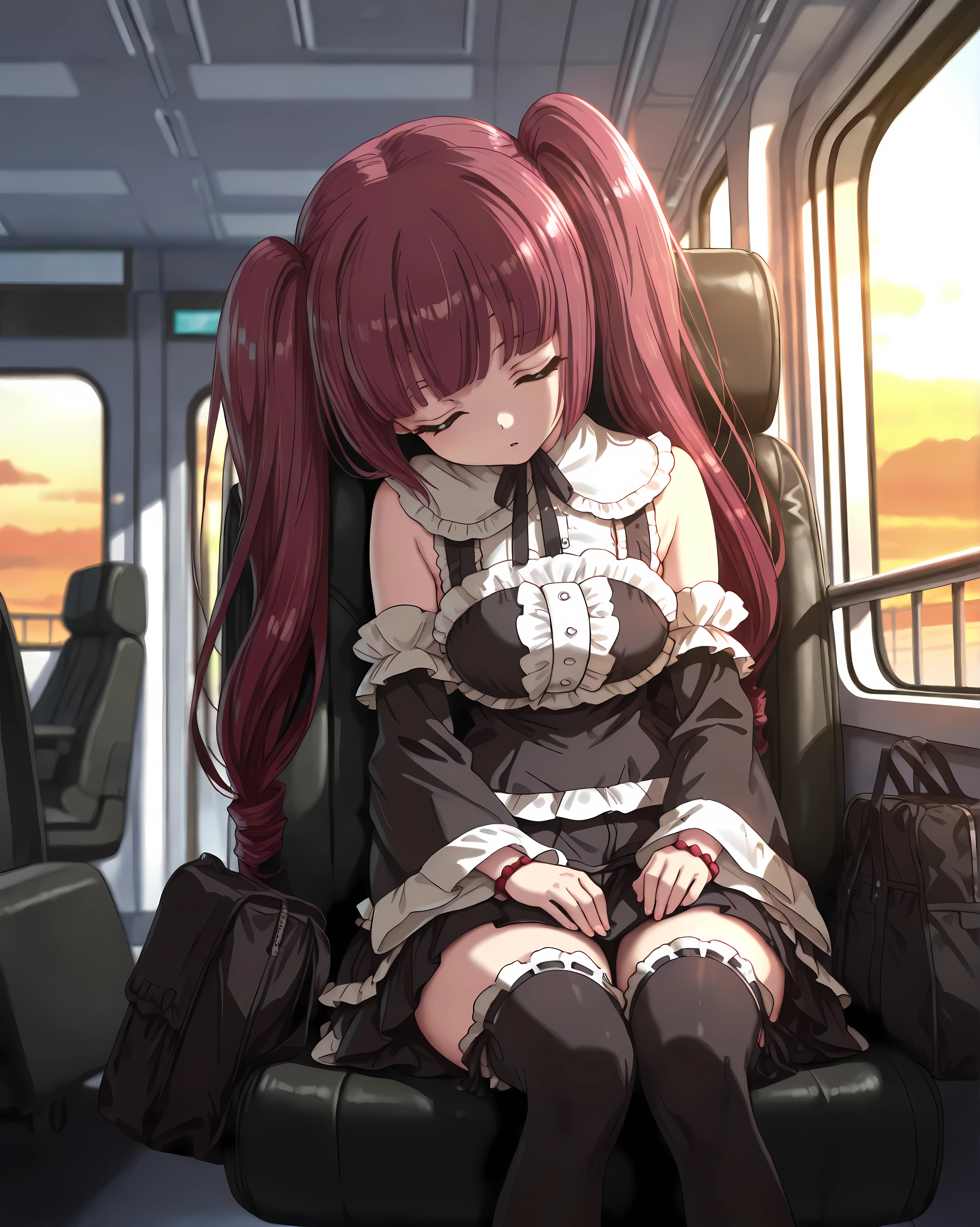 (best quality),(masterpiece),(8K),(high resolution), (super fine illustration), (ultra-detailed) , (beautiful-detailed), (beautiful eyes with attention to detail) , Hanazono Yurine, red eyes, two eyes, solo , girl , red hair , twin tails , create perfect body lines , anatomically accurate drawing , hot body ,accurate fingers , light effects , medium breasts, grey sleeveless shirt , turquoise tie , black sleeves, detached wide sleeves, hands on the sides, black mini skirt , black pleated skirt , black thighhighs ,break, rainbow gradient, cinematic lighting, dramatic shadows, beautiful lighting, break, airports, Sitting deep in a chair, Leaning against the backrest, exhausted, (sleeping:1.3), one carrying bag,