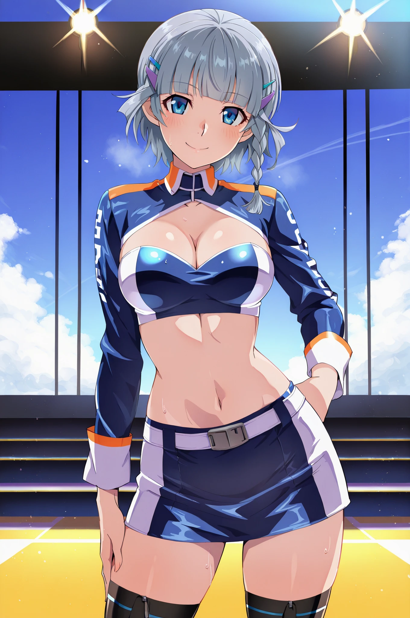 1girl, large breasts, breasts, thick thighs, hourglass figure, toned, smile, light smile, blue hair, light blue hair, blue eyes, very short hair, pixie cut, shoes, sneakers, thighhighs, bikini, black bikini, jacket, black jacket, open jacket, neon trim, neon, neon lights, blue trim, tech, machinery, science-fiction, futuristic, bunny ears, rabbit ears,