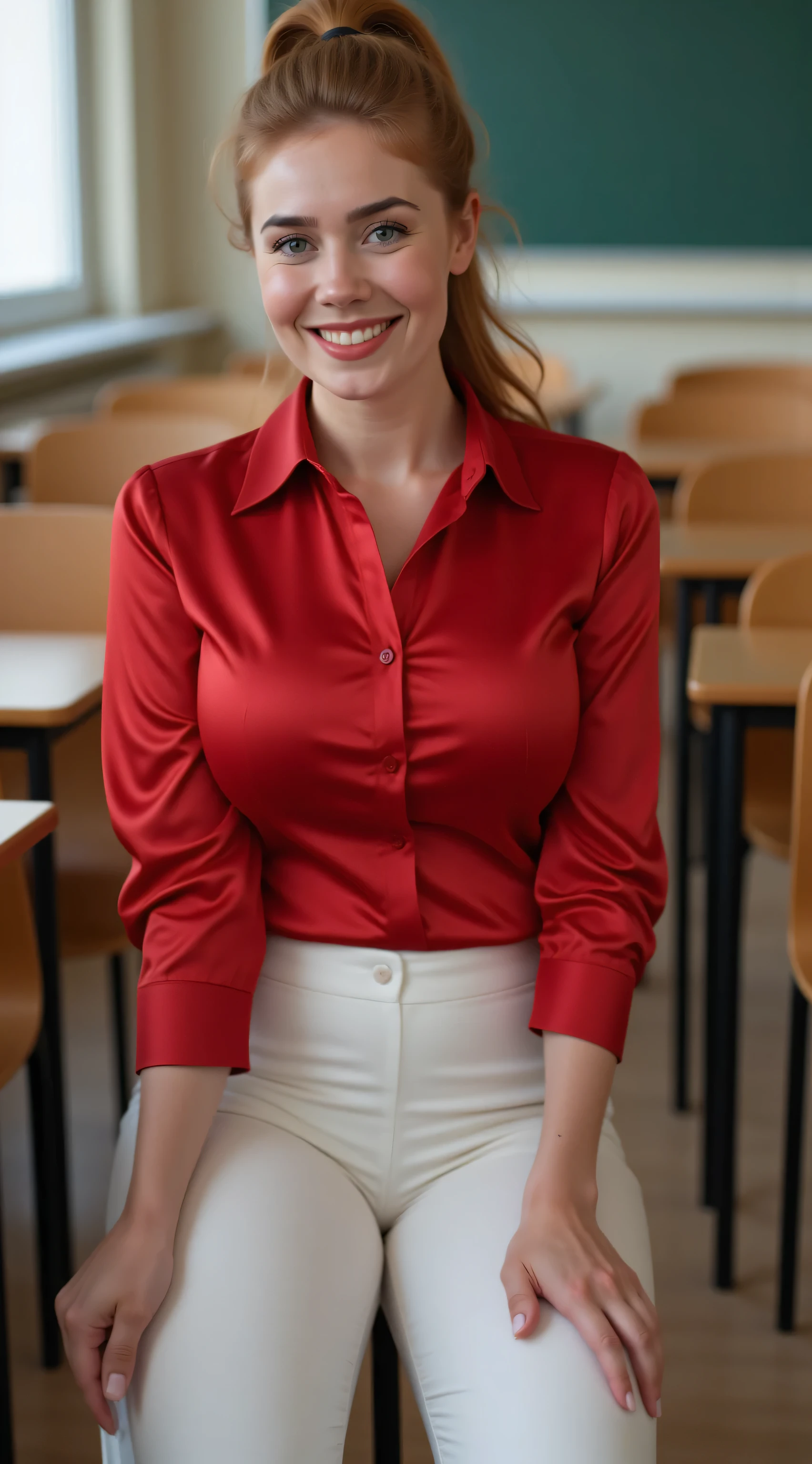 Amateurfoto : Klassenzimmer : natural, 23-year-old French girl, blasse, white skin, shy smile,brown ponytail attached to the back of the head with a free forehead, shy smile, satin red slim tight shirt with collar, nicht eingesteckt, and white ones, schmale Lederhose. Sie kniet nieder, to pick up her pen from the ground, While looking directly at the camera 