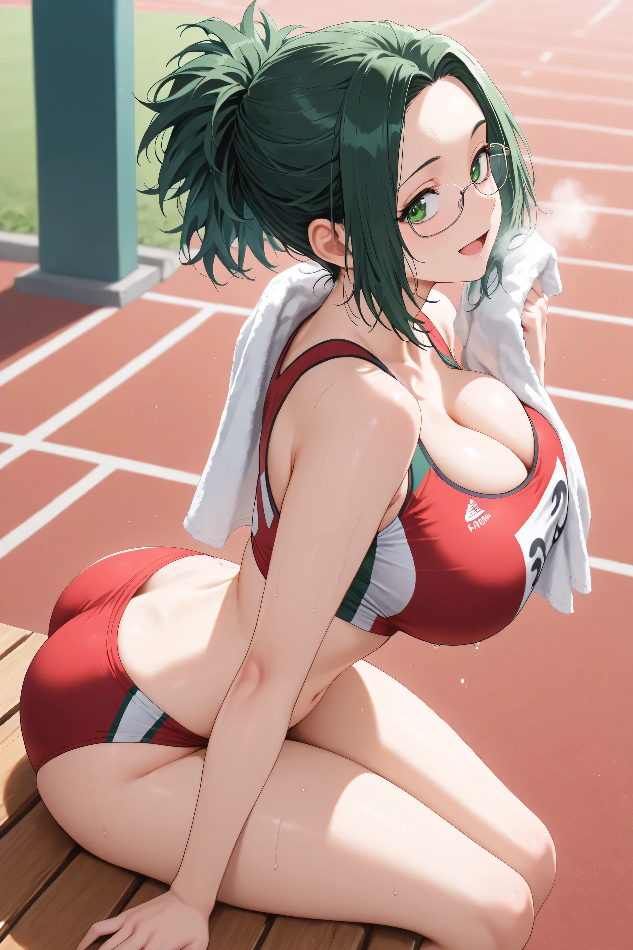 masterpiece, best quality, vibrant, very aesthetic, high contrast, newest, 1girl, himiko agari, medium hair, green hair, ponytail, green eyes, glasses, parted bangs,track and field uniform, navel,midriff,big breasts,bursting breasts, cleavage,slim body, slim legs, ground, sitting on bench, towel, breathing, open mouth, covered , looking back,ass, from behind, light smile,