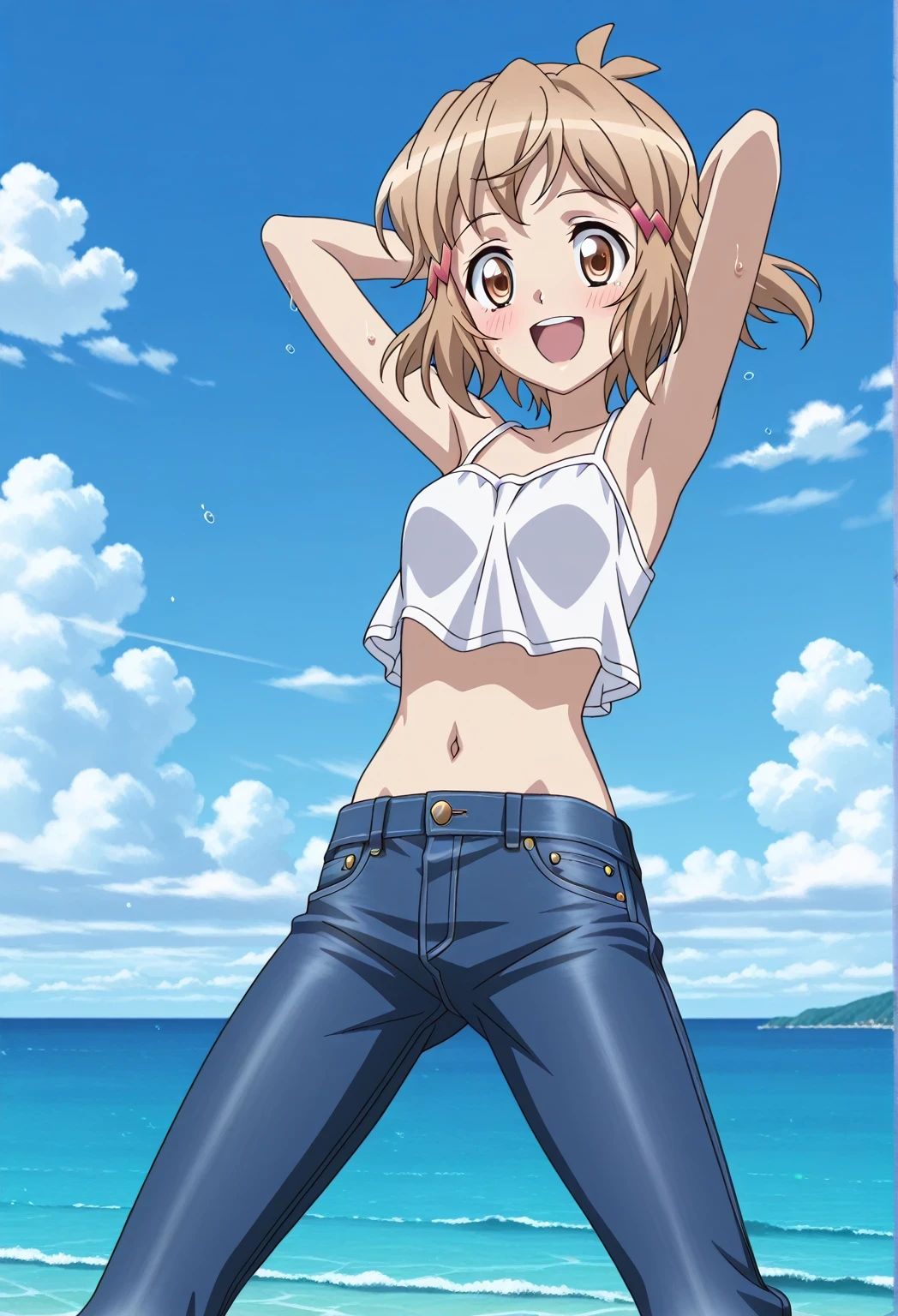 score_9, score_8_up, score_7_up, source_anime, highres, hi res, ((best quality, top quality, perfect quality, Highest Quality, amazing quality)), {{masterpiece}}, {{an extremely delicate and beautiful}}, 2d, intricate details, official style, anime, 8k, anime style, official_anime, official art, digital painting, cell shading, soft shading, high resolution, soothing tones, Subdued Color, Soft cinematic light, adobe lightroom, photolab, HDR, intricately and hyper-detailed, ((high quality animation)), 1 girl, Alone, solo, ((ocean)), tsunami, on the water, day, sunny, outdoors, sky, windy, tachibanahibiki, senkizessho symphogear, short hair, hairclip, brown hair, hairclip, ,brown eyes, anime screencap, small breasts, white camisole top, crop top, white crop top, best quality, hyper-detailed jeans, ((blue jeans:1.9)), (dark blue jeans:0.6), full medium body, cowboy shot, Open mouth, smiling, happy face, blush, sweat, standing, ((arms behind head:6.0)), ((perfect arm line:2.5)), bowlegged, jumping pose, action, looking at viewer, spread legs, Bend knees slightly, straight-on front view