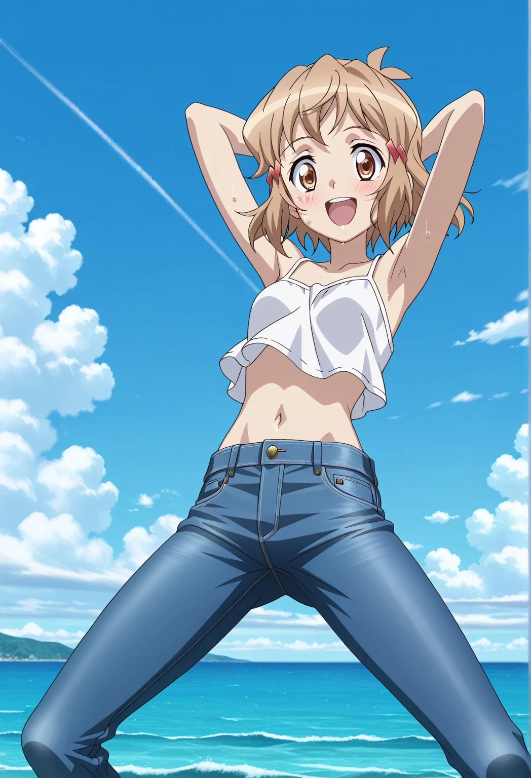 score_9, score_8_up, score_7_up, source_anime, highres, hi res, ((best quality, top quality, perfect quality, Highest Quality, amazing quality)), {{masterpiece}}, {{an extremely delicate and beautiful}}, 2d, intricate details, official style, anime, 8k, anime style, official_anime, official art, digital painting, cell shading, soft shading, high resolution, soothing tones, Subdued Color, Soft cinematic light, adobe lightroom, photolab, HDR, intricately and hyper-detailed, ((high quality animation)), 1 girl, Alone, solo, ((ocean)), tsunami, on the water, day, sunny, outdoors, sky, windy, tachibanahibiki, senkizessho symphogear, short hair, hairclip, brown hair, hairclip, ,brown eyes, anime screencap, small breasts, white camisole top, crop top, white crop top, best quality, hyper-detailed jeans, ((blue jeans:1.9)), (dark blue jeans:0.6), full medium body, cowboy shot, Open mouth, smiling, happy face, blush, sweat, standing, ((arms behind head:6.0)), ((perfect arm line:2.5)), bowlegged, jumping pose, action, looking at viewer, spread legs, Bend knees slightly, straight-on front view