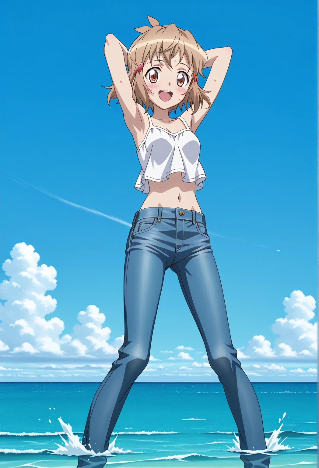 score_9, score_8_up, score_7_up, source_anime, highres, hi res, ((best quality, top quality, perfect quality, Highest Quality, amazing quality)), {{masterpiece}}, {{an extremely delicate and beautiful}}, 2d, intricate details, official style, anime, 8k, anime style, official_anime, official art, digital painting, cell shading, soft shading, high resolution, soothing tones, Subdued Color, Soft cinematic light, adobe lightroom, photolab, HDR, intricately and hyper-detailed, ((high quality animation)), 1 girl, Alone, solo, ((ocean)), tsunami, on the water, day, sunny, outdoors, sky, windy, tachibanahibiki, senkizessho symphogear, short hair, hairclip, brown hair, hairclip, ,brown eyes, anime screencap, small breasts, white camisole top, crop top, white crop top, best quality, hyper-detailed jeans, ((blue jeans:1.9)), (dark blue jeans:0.6), full medium body, medium shot, Open mouth, smiling, happy face, blush, sweat, standing, ((arms behind head:6.0)), ((perfect arm line:2.5)), bowlegged, jumping pose, action, looking at viewer, spread legs, Bend knees slightly, straight-on front view