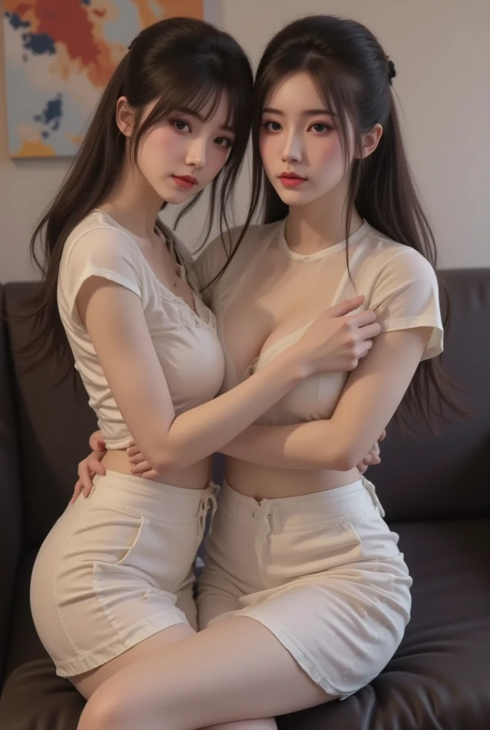 (best quality, 8k,highres, masterpiece:1.2), ((front view full body)), (((2 beautiful young girls chatting and laughing sitting on a bed with thick crossed legs))), slim and build, ((large noticeable  underneath clothes)), blue eyes, long messy hair,