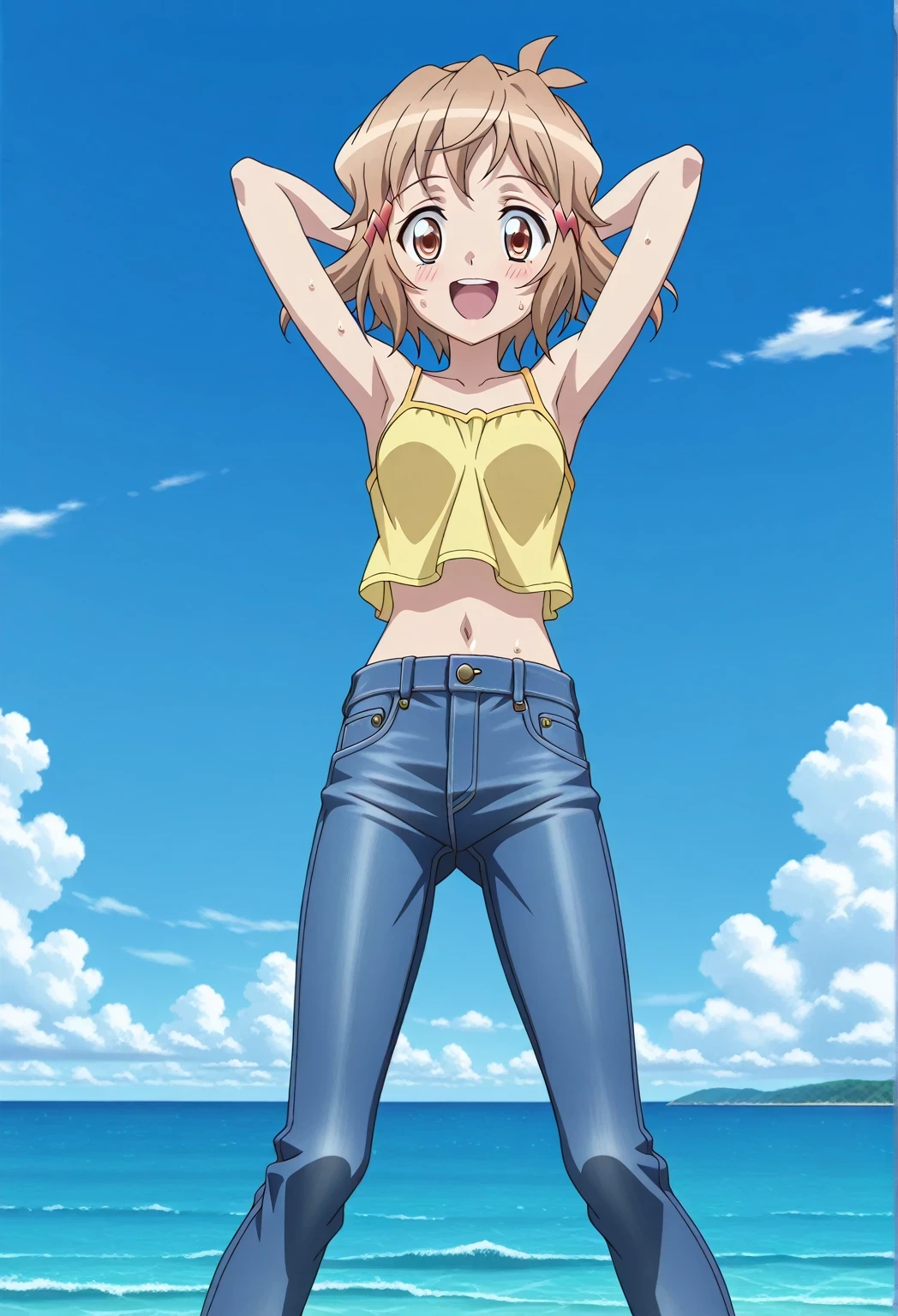 score_9, score_8_up, score_7_up, source_anime, highres, hi res, ((best quality, top quality, perfect quality, Highest Quality, amazing quality)), {{masterpiece}}, {{an extremely delicate and beautiful}}, 2d, intricate details, official style, anime, 8k, anime style, official_anime, official art, digital painting, cell shading, soft shading, high resolution, soothing tones, Subdued Color, Soft cinematic light, adobe lightroom, photolab, HDR, intricately and hyper-detailed, ((high quality animation)), 1 girl, Alone, solo, ((ocean)), tsunami, on the water, day, sunny, outdoors, sky, windy, tachibanahibiki, senkizessho symphogear, short hair, hairclip, brown hair, hairclip, ,brown eyes, anime screencap, small breasts, yellow camisole top, crop top, yellow crop top, best quality, hyper-detailed jeans, ((blue jeans:1.9)), (dark blue jeans:0.6), full medium body, cowboy shot, Open mouth, smiling, happy face, blush, sweat, standing, ((arms behind head:6.0)), ((perfect arm line:2.5)), bowlegged, jumping pose, action, looking at viewer, spread legs, Bend knees slightly, straight-on front view