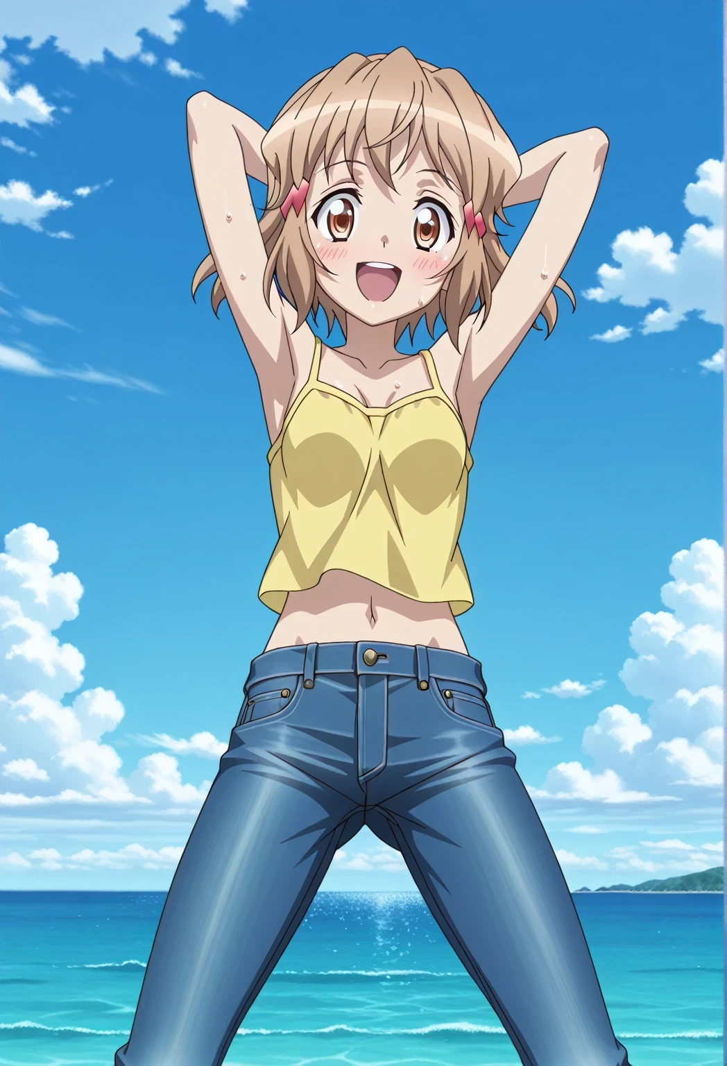 score_9, score_8_up, score_7_up, source_anime, highres, hi res, ((best quality, top quality, perfect quality, Highest Quality, amazing quality)), {{masterpiece}}, {{an extremely delicate and beautiful}}, 2d, intricate details, official style, anime, 8k, anime style, official_anime, official art, digital painting, cell shading, soft shading, high resolution, soothing tones, Subdued Color, Soft cinematic light, adobe lightroom, photolab, HDR, intricately and hyper-detailed, ((high quality animation)), 1 girl, Alone, solo, ((ocean)), tsunami, on the water, day, sunny, outdoors, sky, windy, tachibanahibiki, senkizessho symphogear, short hair, hairclip, brown hair, hairclip, ,brown eyes, anime screencap, small breasts, yellow camisole top, crop top, yellow crop top, best quality, hyper-detailed jeans, ((blue jeans:1.9)), (dark blue jeans:0.6), full medium body, cowboy shot, Open mouth, smiling, happy face, blush, sweat, standing, ((arms behind head:6.0)), ((perfect arm line:2.5)), bowlegged, jumping pose, action, looking at viewer, spread legs, Bend knees slightly, straight-on front view