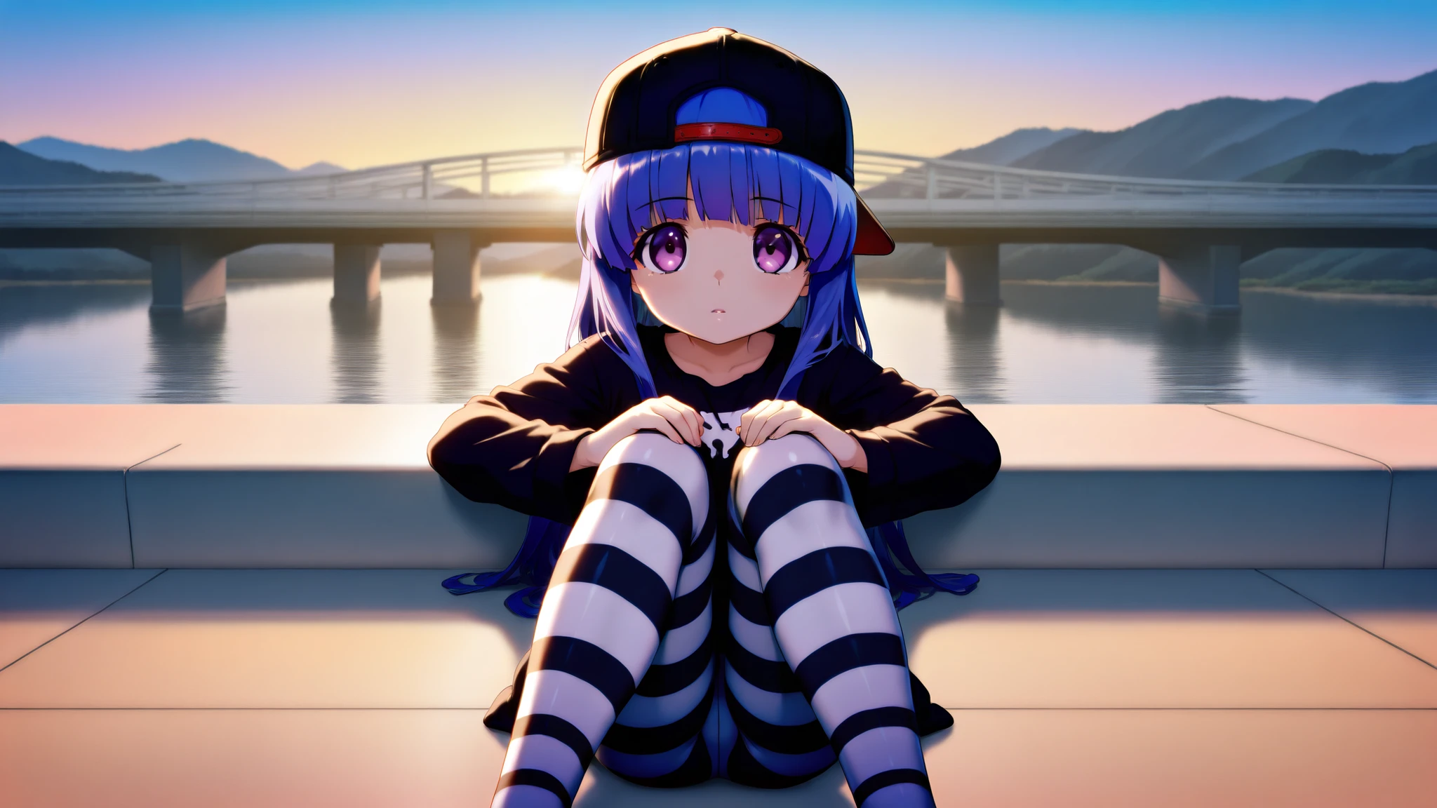 furude rika, Blue Hair, Purple eyes, 1girl, detailed, masterpiece, school, front view, no skirt, solo, (striped pantyhose:1.3), black and white pantyhose, leaning backward, bridge pose, black long sleeve shirt, backwards hat, black hat, dawn, (folded:1.5), straight-on,