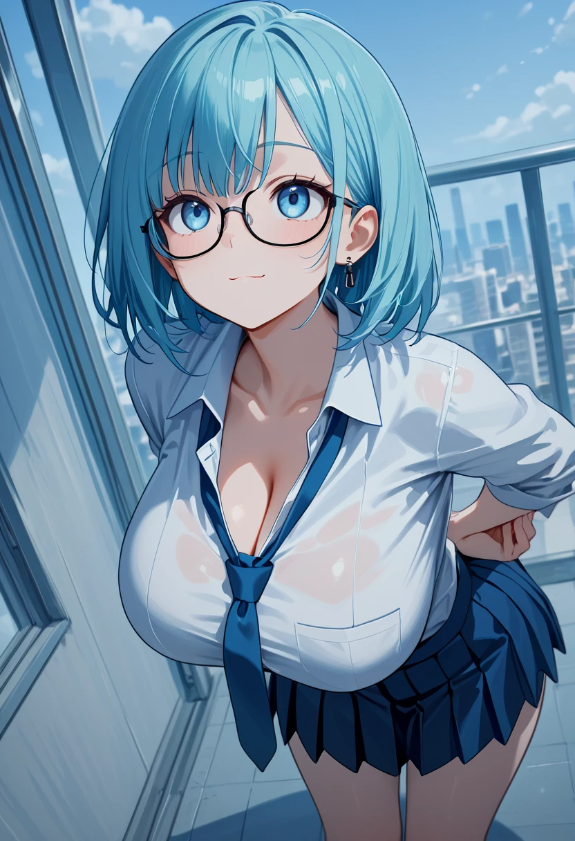 <lora:Rem Illu:1>1girl, solo, 
r3m, 1girl, large breasts, cleavage, blue hair, x hair ornament, blue eyes, short hair, glasses, looking at viewer, pencil skirt, blue-framed eyewear, black jacket, black skirt, bespectacled, long sleeves,  open mouth, alternate costume, :o, hair between eyes, upper teeth only, leaning forward, blush, miniskirt, black ribbon, cowboy shot,
 <lora:cfg_scale_boost:1>, masterpiece, best quality