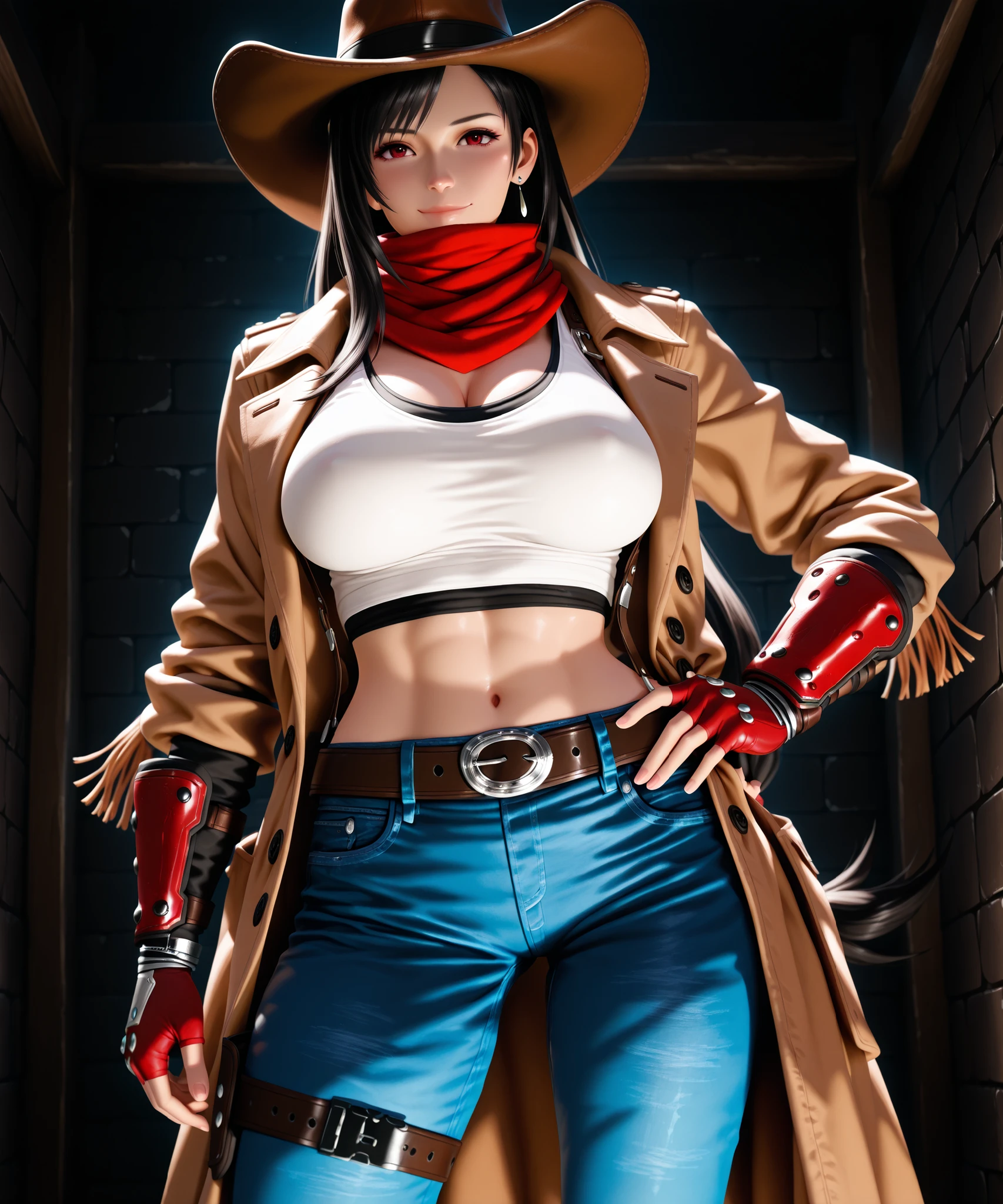 absurdres, amazing quality, best quality, masterpiece, newest, source_game, realistic, 3D, Tifa Lockhart, 1girl, solo,
mature female, (black hair, long hair, parted bangs, sidelocks), dark-red eyes, big breasts, muscular body,
(Brown wide-brim cowboy hat), (red scarf, scarf over mouth), (white tank-top undershirt), (brown long-coat, high-collar, fringe-trim, buttons, long-sleeves), (red gauntlets, fingerless gloves), (belt, belt buckle, belt pouches), (blue jeans, leg belt),
Light smile, looking at the viewer, (closed mouth), hand on hip,
wall, black background, dark, light_from_below, dramatic lighting, underlighting,