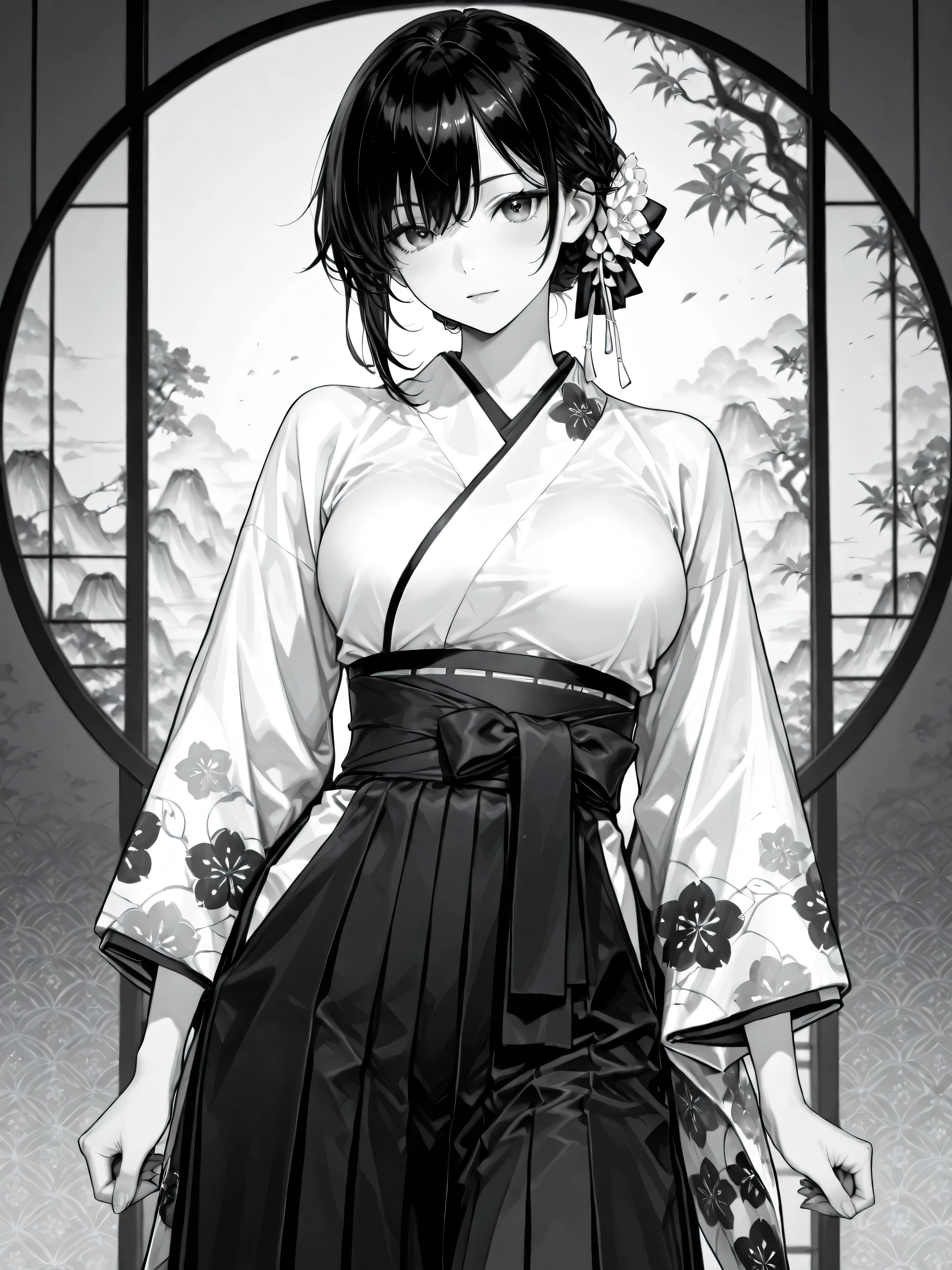 Like an ink painting: 1.5、 Monochrome ∶1.5、complex and luxurious Japanese pattern background、delicate and slender woman holding a bow、Rin々Expression、(5 including thumbs)、Hakama、ink expresses the flow of wind、Highest Quality、masterpiece