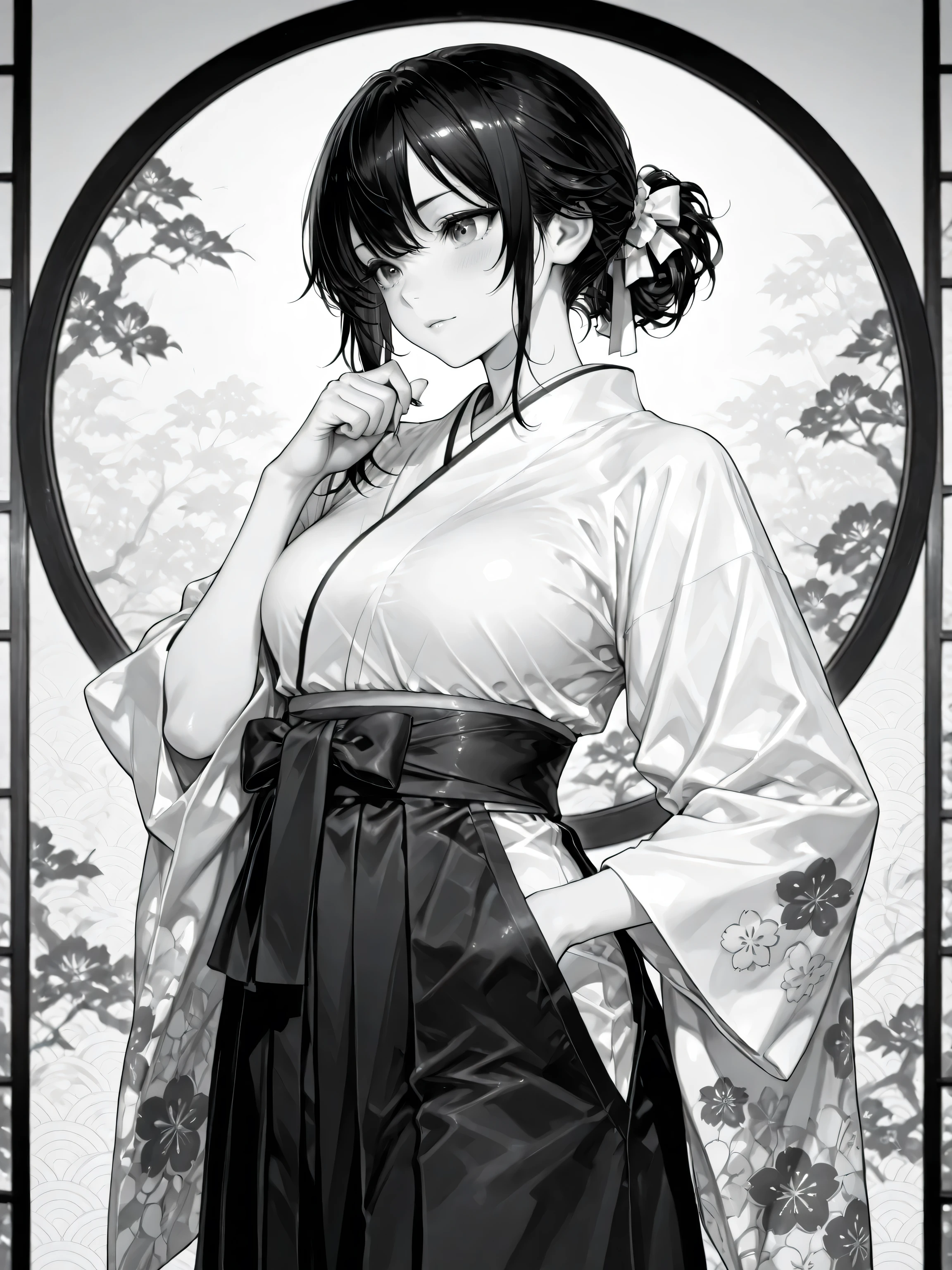Like an ink painting: 1.5、 Monochrome ∶1.5、complex and luxurious Japanese pattern background、delicate and slender woman holding a bow、Rin々Expression、(5 including thumbs)、Hakama、ink expresses the flow of wind、Highest Quality、masterpiece