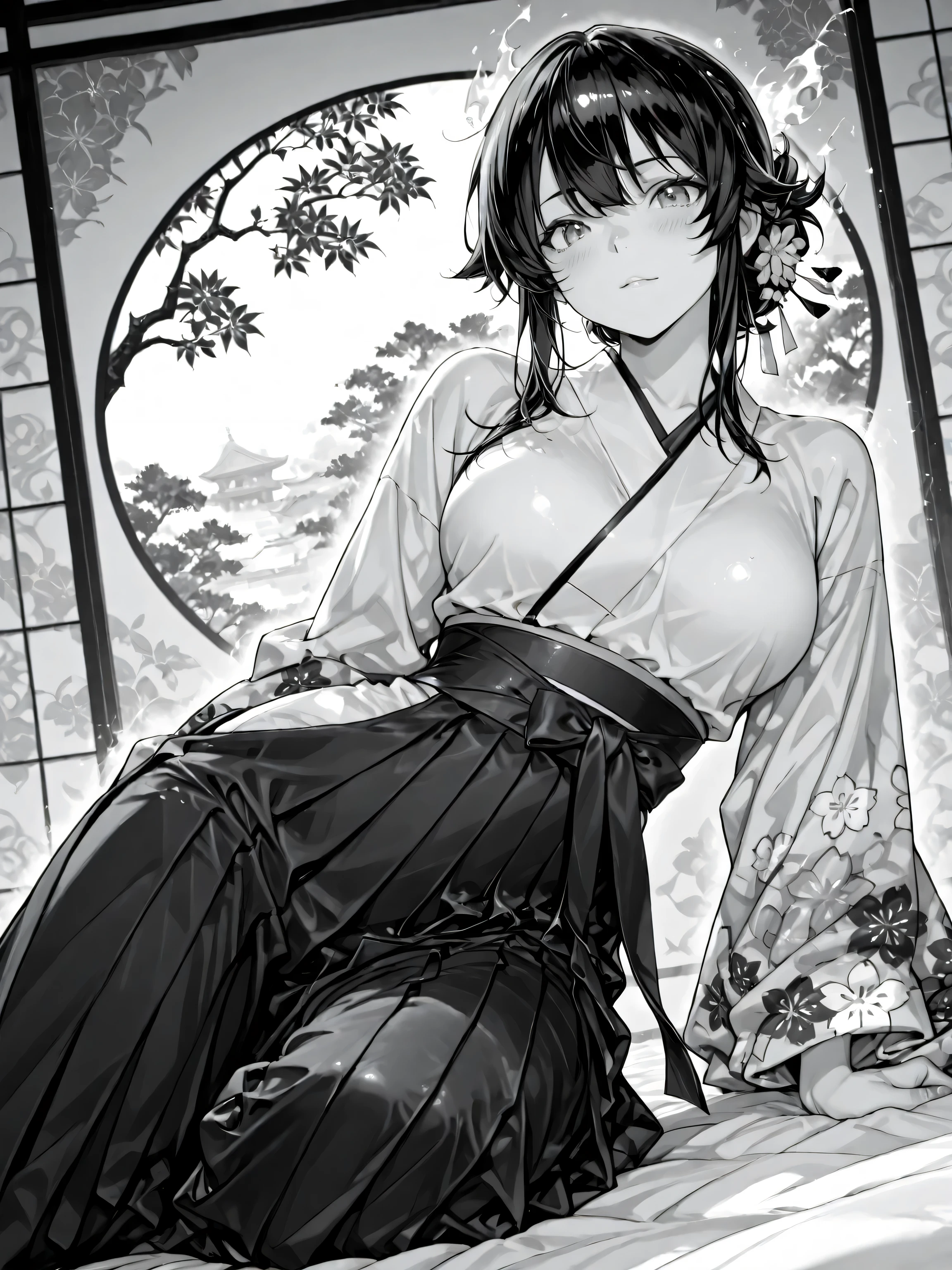 Like an ink painting: 1.5、 Monochrome ∶1.5、complex and luxurious Japanese pattern background、A delicate and slender woman slumps down on an armrest as if she were lying down、fiery expression、(5 including thumbs)、Hakama、ink expresses the flow of wind、Highest Quality、masterpiece