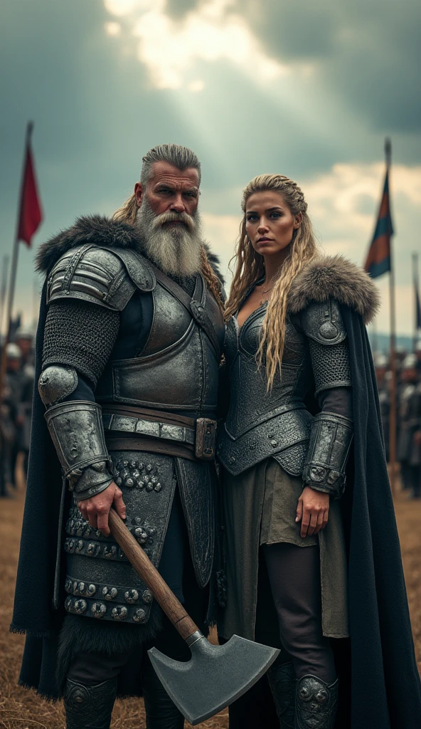 Black Viking left arm tattoo design, a full body muscular viking man, and beautiful blond woman showing big busty without clouds, muscular legs, holding big sword with right hand, brown hair divided with bangs, perfect realistic blue eyes, wearing warrior leather shoes, wearing warrior boots, lake and mountains in the background.
