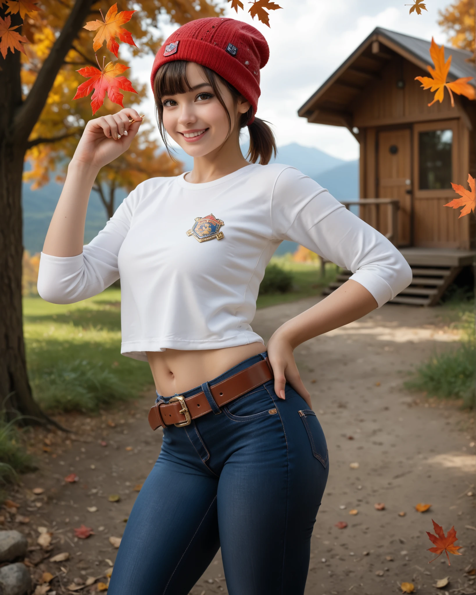 Score_9, Score_8_up, Score_7_up, Score_6_up, Score_5_up, Score_4_up, Source_real, Tag1, Tag2, Anatomically correct, realistic, 1 girl, young beautiful girl, cute, cute face, cutest girl ever, Detailed skin, big ass, (thick thighs:1.2), (wide hips:1.2), curvy, (oiled body:1.2), smiling, (short ponytail hair with bangs), (Wearing white shirt, jeans, belt, beanie), (Jetlagged Traveler), one hand on hip, Fall season atmosphere, The background is the cabin, Being in a mountain of bright red autumn leaves, Lots of fallen leaves,
