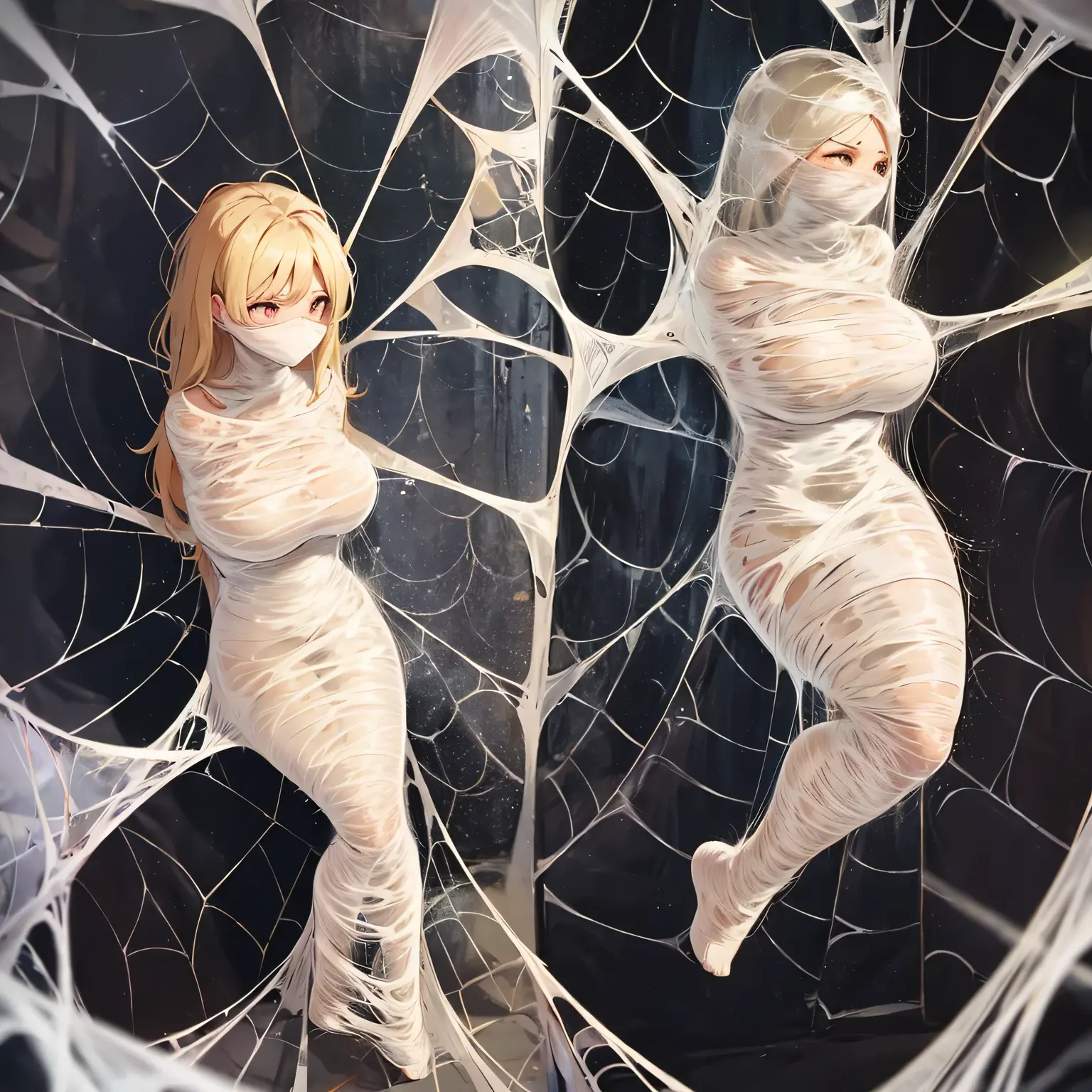 woman completely wrapped in silk fabric by two thieves. The scene is set in a lavish, dimly lit room with ornate furnishings and luxurious decor. The two thieves, dressed in dark, stealthy attire, are seen skillfully wrapping the woman in yards of smooth, shimmering silk fabric. The woman's form is almost entirely obscured by the tightly wound fabric, leaving only her eyes visible, which convey a mix of fear and helplessness. The thieves work quickly and efficiently, securing the fabric around her as she struggles futilely. The atmosphere is tense and filled with a sense of urgency and danger, capturing the drama of the woman's capture and the meticulous nature of the thieves' actions