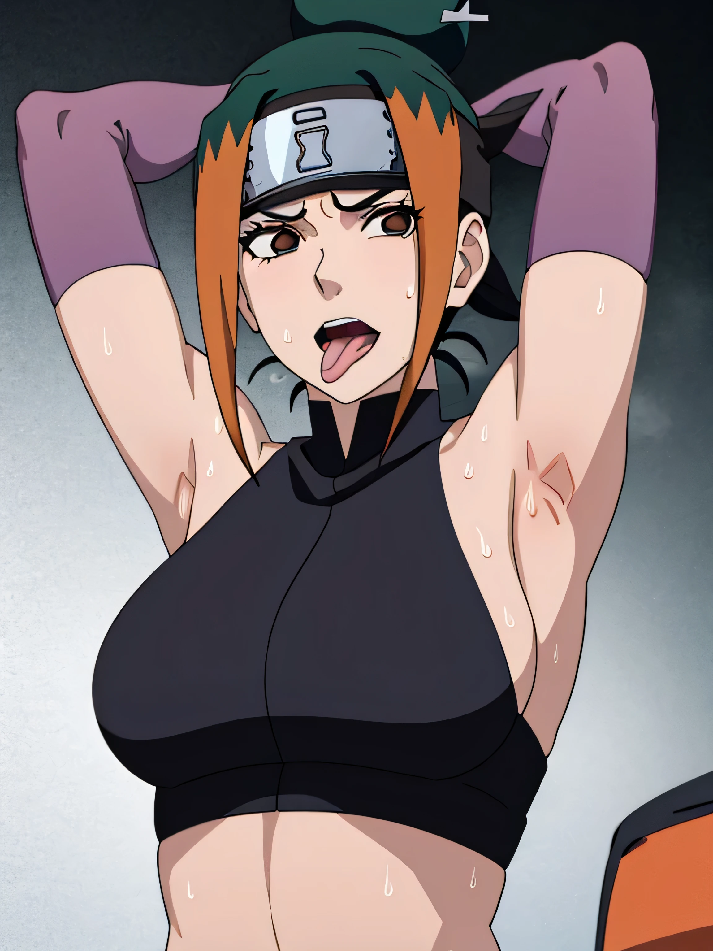 Pakura,human woman with fair skin. She has black eyes and blackish orange clothing. Her hair is black in color; She is beautiful.Tsundere face. Pink eye shading,mature appearance,armpits,sweat,sweaty,sweaty armpits,arms up,showing armpits,awesome armpits,outfit,blackish red arm warmers,maroon arm bands,maroon arm warmers,showing tongue,tongue out,wearing Konoha headband.