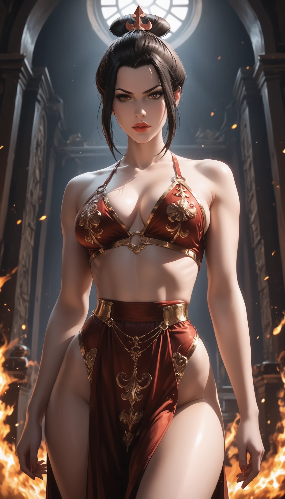 nsfw, princess azula, revealing outfit, fire whips, intense gaze, looking down at viewer, beautiful young woman, detailed facial features, dramatic pose, powerful expression, smirking, dangerous aura, high contrast lighting, cinematic angle, dark fantasy, dramatic shadows, saturated colors, digital art, hyper detailed, 8k, photorealistic, masterpiece