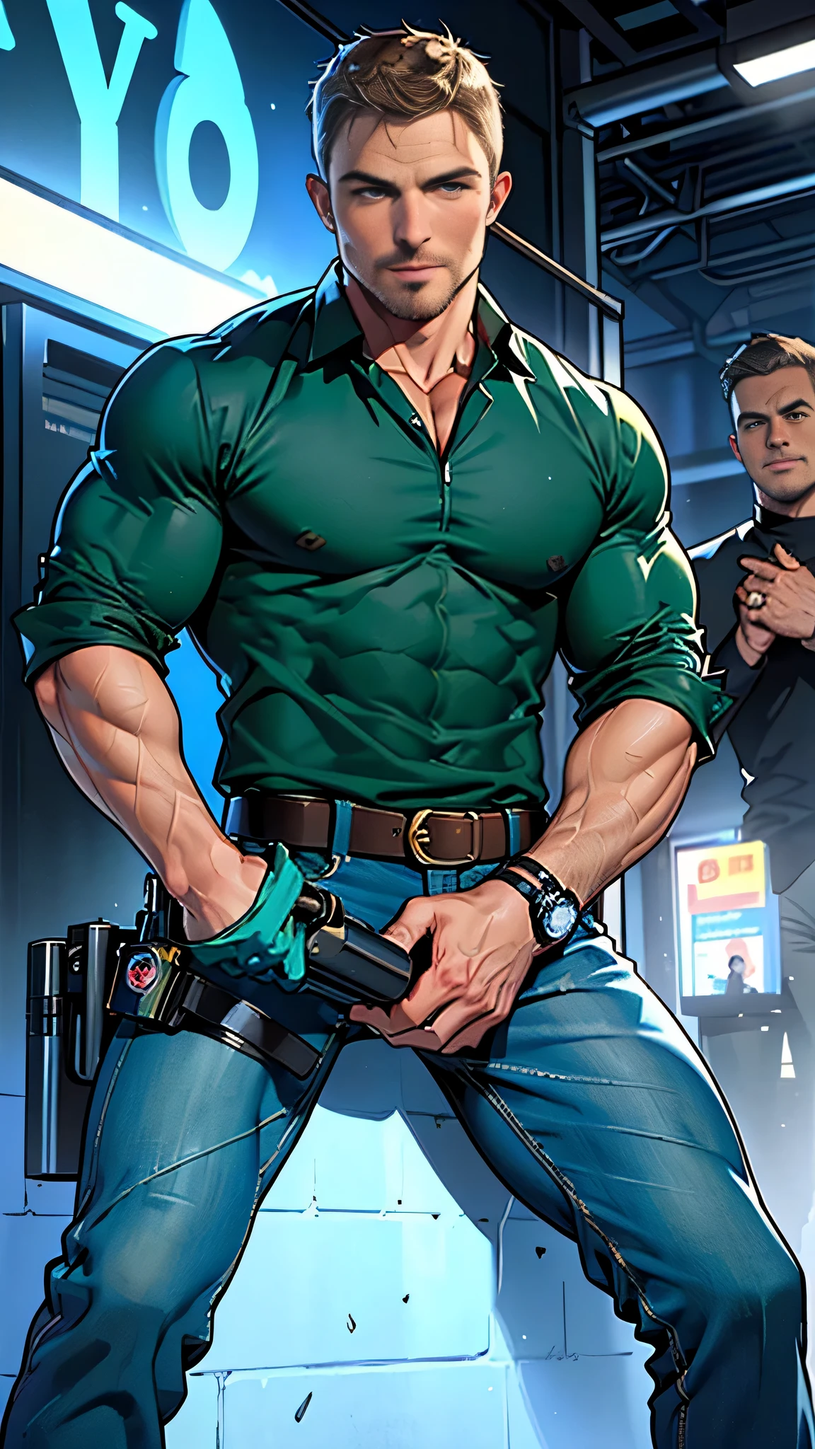 vpl,vpl,1 man, male focus solo,45 yo man, (((Stephen AMELL as private investigator))), lean muscle, open blue shirt, marine blue jeans with brown belt ,( bulge), full body shot, dark blond short hair, BLUE GREEN EYES , well groomed facial hair, (((( HANDS CROSSED , holding TWO guns IN BOTH HANDS LIKE JAMES BOND )))) (((SPREAD LEGS , VERY MANLY APPERANCE ))), ultra high quality, masterpiece, ( ever changing background, blue and white and green arabesques lines in the background)