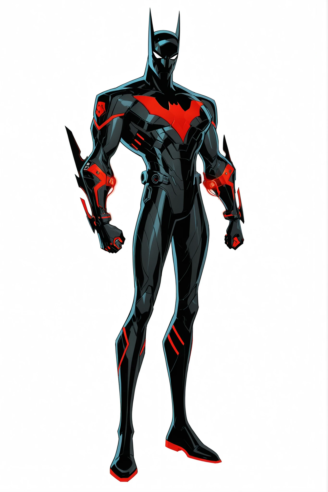 Batman beyond nanotech armour, red glowing reactor bat emblem on the chest, highly advanced armour, intricate design, sleek athletic body, 2.5D cartoon style, 8K ultra HD, high quality, front view, bold black outlines, white background , full body 