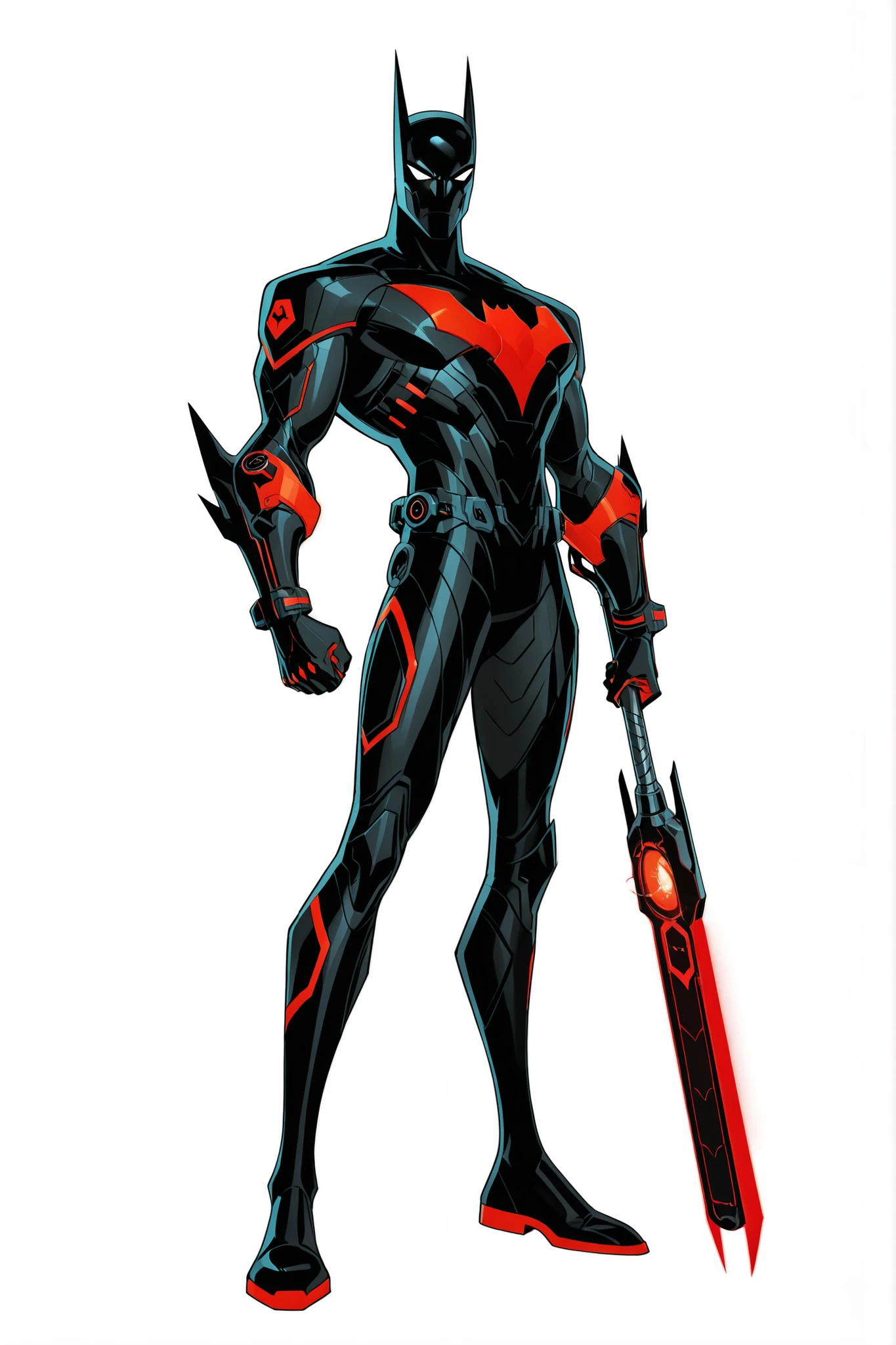 Batman beyond nanotech armour, red glowing reactor bat emblem on the chest, highly advanced armour, intricate design, sleek athletic body, 2.5D cartoon style, 8K ultra HD, high quality, front view, bold black outlines, white background , full body 