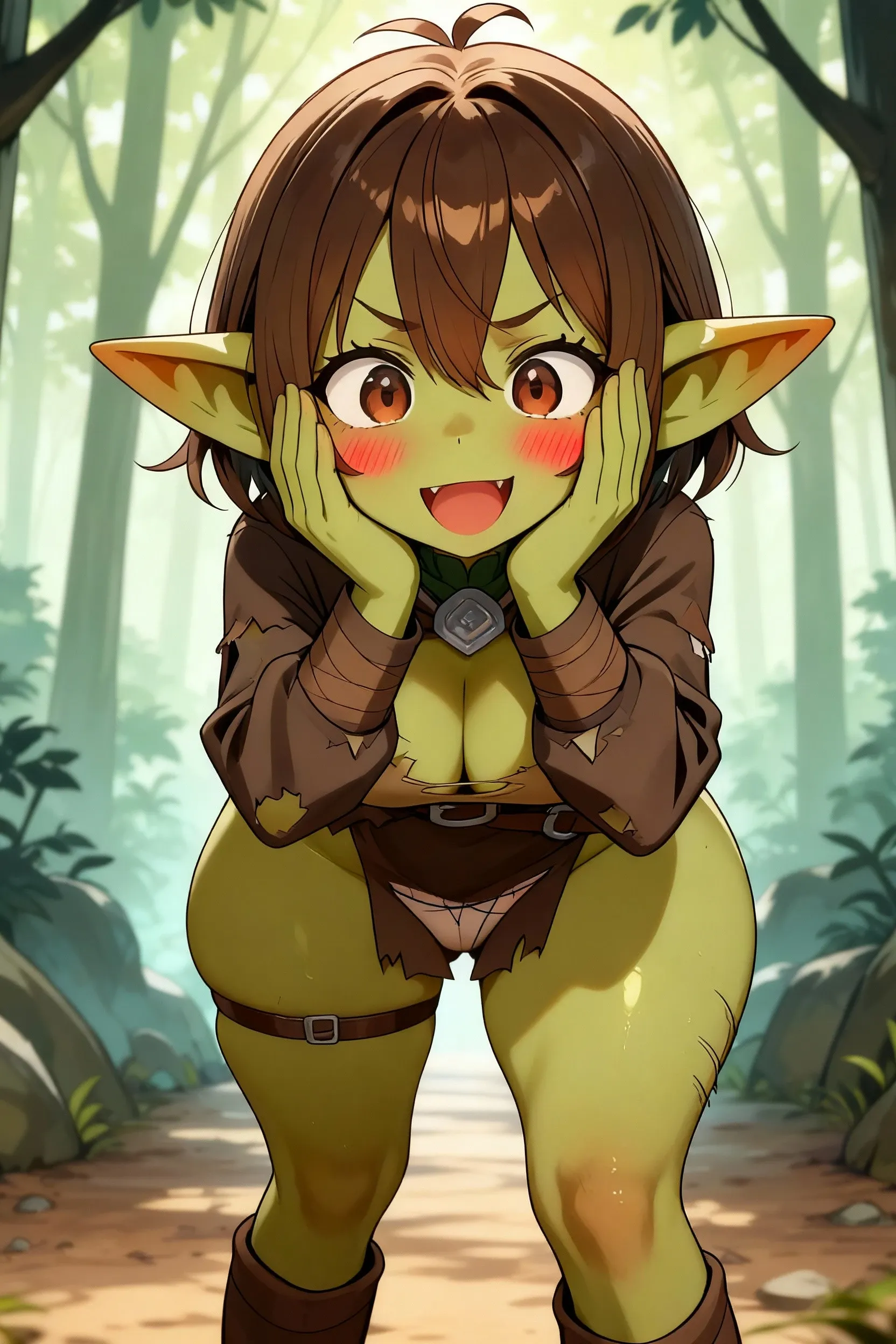 a beautiful goblin girl, His skin is a dark green tone, soft and slightly flaky. Her eyes shine with a green gleam and her black hair cascades over her shoulders.. He has a slim and agile body, with subtle curves that highlight your femininity. He wears a brown loincloth that barely covers his thighs.. Although its beauty is surprising, You can't help but feel a strange attraction towards her., as if his presence called you in some way.
