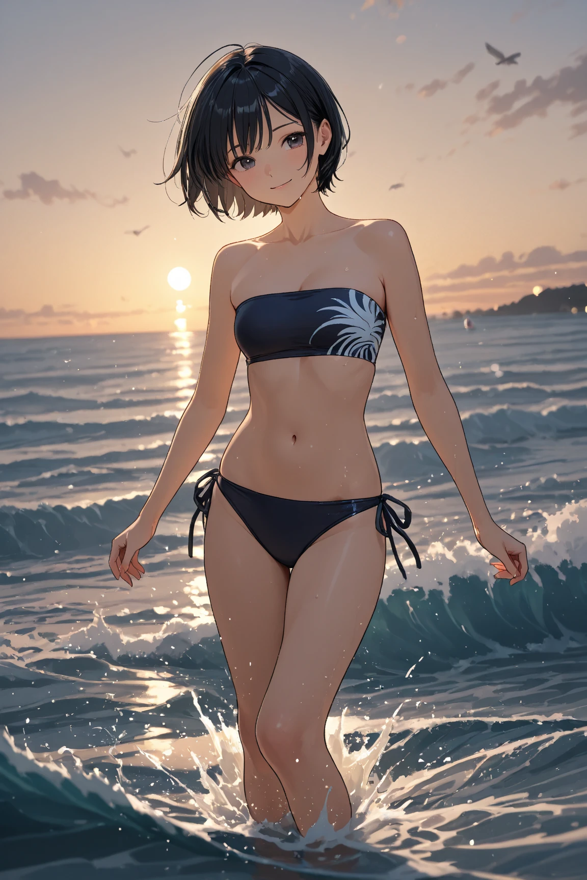 Best Quality,, A playful and cute expression、Beautiful and delicate girl, the beach,Running, Full body,the morning sun,dim sky,Pink sky,Contre-Jour,front facing