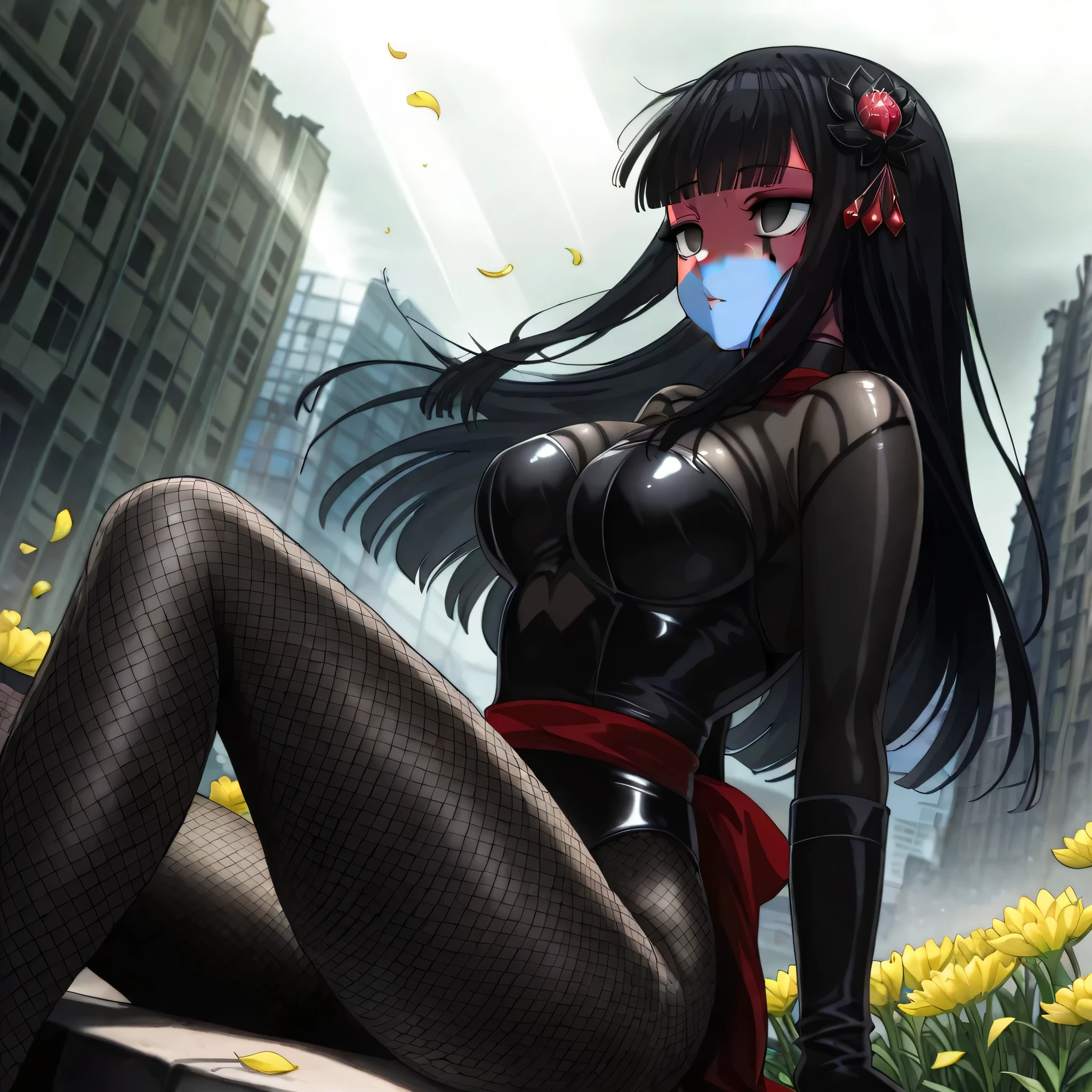 (((Masterpiece))), (((Best Quality))), ((Super Detail)), ultra-High resolution, score_9,score_8_up,score_7_up,score_6_up,score_5_up,score_4_up, BREAK, source_anime, anime screencap, uncensored, Masterpiece, (best shadow), (absurdres), (detailed background), (very aesthetic), detailed beautiful eyes, outstanding, an exquisite animation illustration, curvy, highres, shiny clothing, dark persona, empty eyes, blank eyes, shocker, black leotard, latex elbow gloves, brown fishnet pantyhose, (((blue skin))), colored skin, red sash, makeup, (((solo, 1girl))), hair ornament,  pose, submissive pose, anime style, anime coloring, animification, megami magazine,  pose, dynamic angle, cinematic angle, dutch angle, Medium , osaragi, long hair, black hair, blunt bangs, black eyes, blank eyes, sidelocks, sitting, sitting on ruin, ruin, apocalyptic, apocalyptic background, apocalyptic city, flower, wind, windy, petals, flower, looking away, sawn, dappled light, sunbeam, knees up, knee up, floating hair, wide shot, scenery, indoor, looking from side, view from side, from side