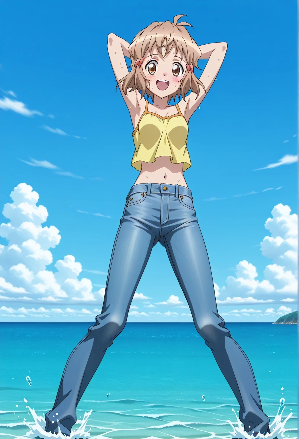 score_9, score_8_up, score_7_up, source_anime, highres, hi res, ((best quality, top quality, perfect quality, Highest Quality, amazing quality)), {{masterpiece}}, {{an extremely delicate and beautiful}}, 2d, intricate details, official style, anime, 8k, anime style, official_anime, official art, digital painting, cell shading, soft shading, high resolution, soothing tones, Subdued Color, Soft cinematic light, adobe lightroom, photolab, HDR, intricately and hyper-detailed, ((high quality animation)), 1 girl, Alone, solo, ((ocean)), tsunami, on the water, day, sunny, outdoors, sky, windy, tachibanahibiki, senkizessho symphogear, short hair, hairclip, brown hair, hairclip, ,brown eyes, anime screencap, small breasts, yellow camisole top, crop top, yellow crop top, best quality, hyper-detailed jeans, ((blue jeans:1.9)), (dark blue jeans:0.6), full medium body, medium shot, Open mouth, smiling, happy face, blush, sweat, standing, ((arms behind head:6.0)), ((perfect arm line:2.5)), bowlegged, jumping pose, action, looking at viewer, spread legs, Bend knees slightly, straight-on front view