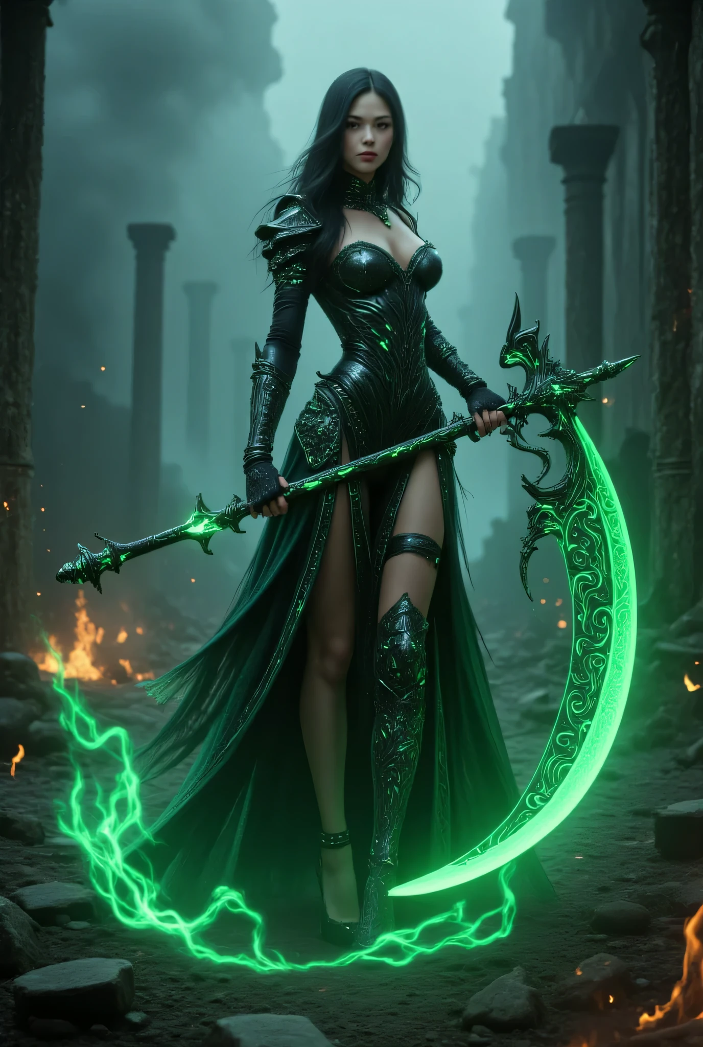 pinkdarkfantasy,
A woman with long black hair, wearing intricate black armor with emerald gemstones, holding a large, glowing green scythe, standing amidst burning ruins.