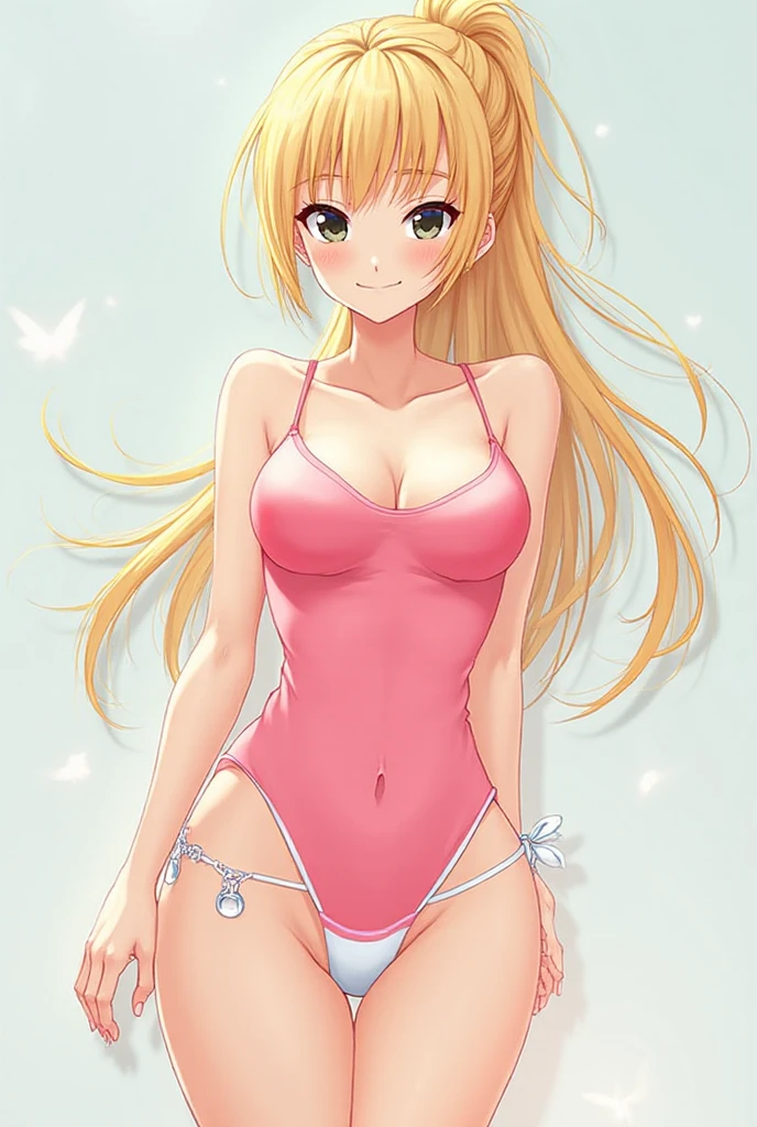 "High quality, 20-year-old Japanese woman with blonde straight hair, gently blowing in the wind. Slightly anime-style. Arms crossed in front of her , leaning forward to accentuate her ample bust.Wearing only a very sheer light blue latex leotard.Nipples accentuated(2.0).  accentuated(3.0). Legs crossed. Alluring expression, looking directly at the camera. Full makeup. Viewed from approximately 3 meters away at a 30-degree angle from the upper left. Light green background with soft lighting from the front. Drawn from the thighs up to the head."