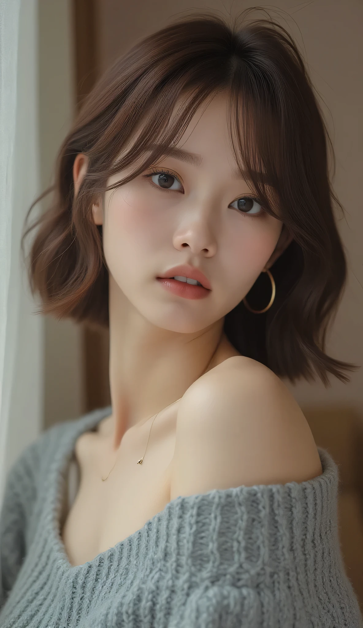 (masterpiece:1.3), (8k, Photorealistic, Raw photography, Top image quality: 1.4), Japan high school girls、(Random hairstyles:1.2)、cleavage of the breast:1.2、Super Detail Face、Eye of Detail、double eyelids、Bring your chest together、sharp focus:1.2、prety woman:1.4、light brown hair、top-quality、masterpiece、超A high resolution、(Photorealistic:1.4)、Highly detailed and professional lighting smile、Loose and light knitwear、Shoulder out、slender、serious facial expression、short-haired、Fatal position,(masterpiece:1.3), (8k, Photorealistic, Raw photography, Top image quality: 1.4), Japan high school girls、(Random hairstyles:1.2)、cleavage of the breast:1.2、Super Detail Face、Eye of Detail、double eyelids、Bring your chest together、sharp focus:1.2、prety woman:1.4、light brown hair、top-quality、masterpiece、超A high resolution、(Photorealistic:1.4)、Highly detailed and professional lighting smile、Loose and light knitwear、Shoulder out、slender、serious facial expression、short-haired、Fatal position