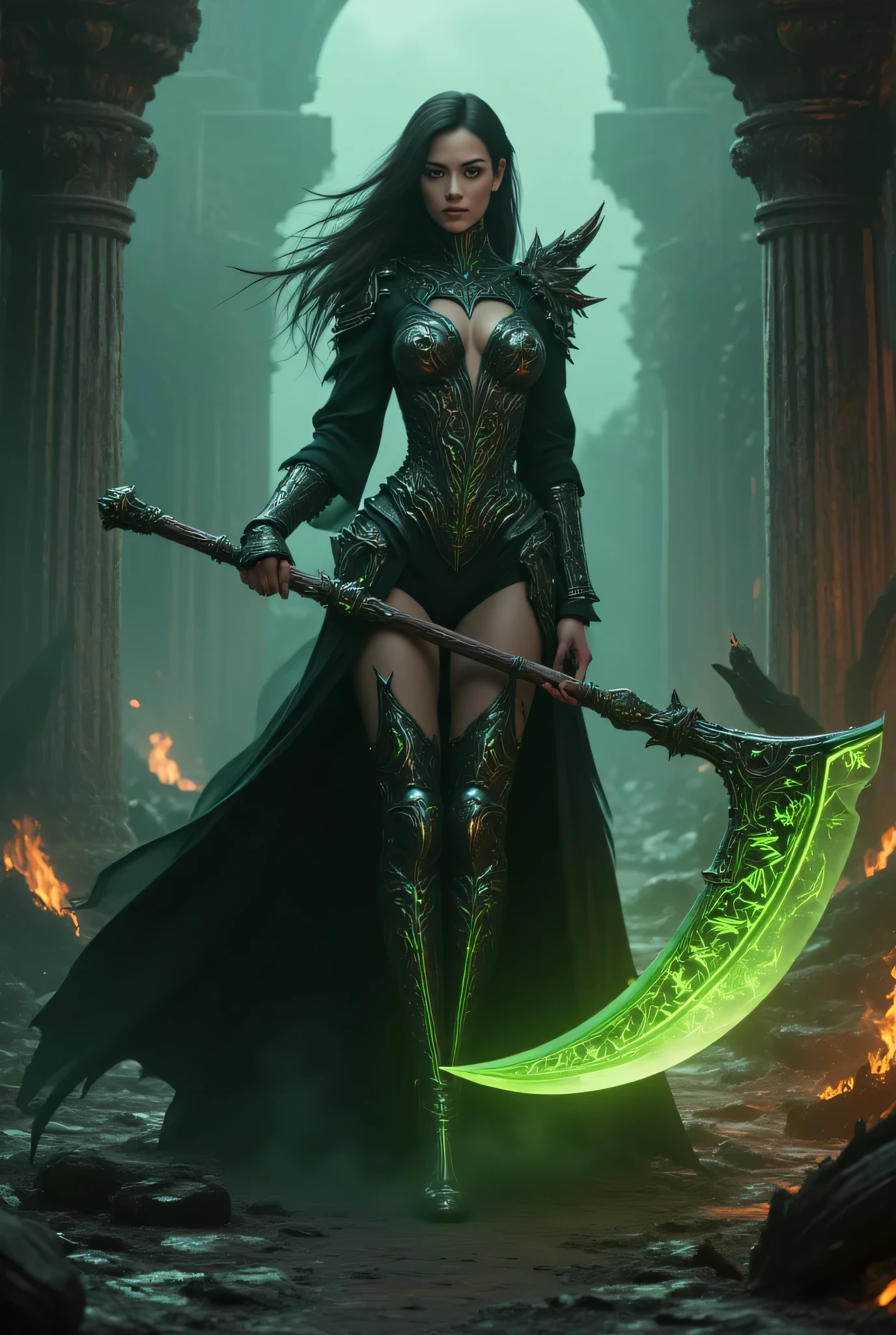 pinkdarkfantasy,
A woman with long black hair, wearing intricate black armor with emerald gemstones, holding a large, glowing green scythe, standing amidst burning ruins.