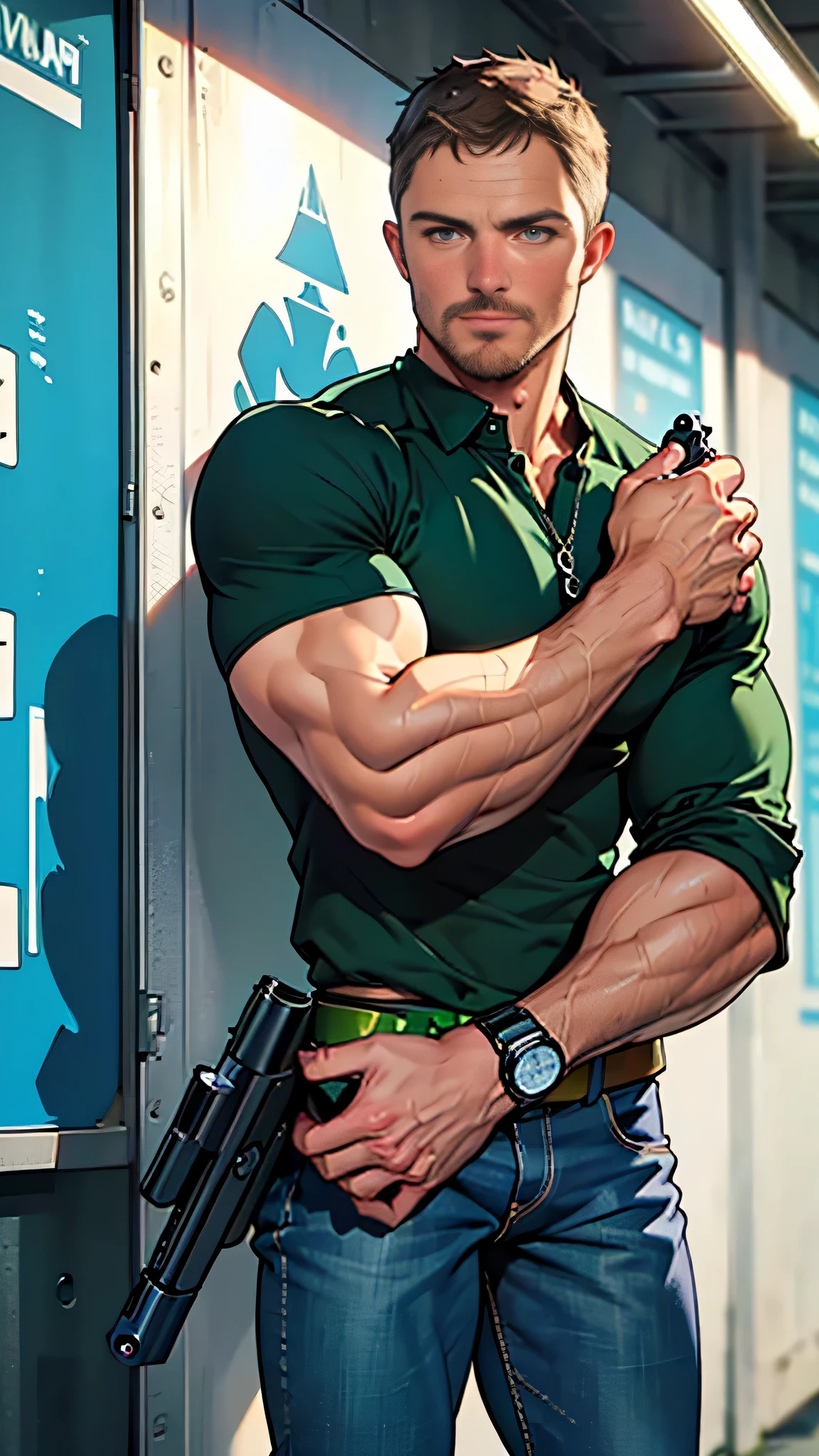 vpl,vpl,1 man, male focus solo,45 yo man, (((Stephen AMELL as private investigator))), lean muscle, open blue shirt, marine blue jeans with brown belt ,( bulge), full body shot, dark blond short hair, BLUE GREEN EYES , well groomed facial hair, (((( HANDS CROSSED , holding TWO guns IN BOTH HANDS LIKE JAMES BOND )))) (((SPREAD LEGS , VERY MANLY APPERANCE ))), ultra high quality, masterpiece, ( ever changing background, blue and white and green arabesques lines in the background)