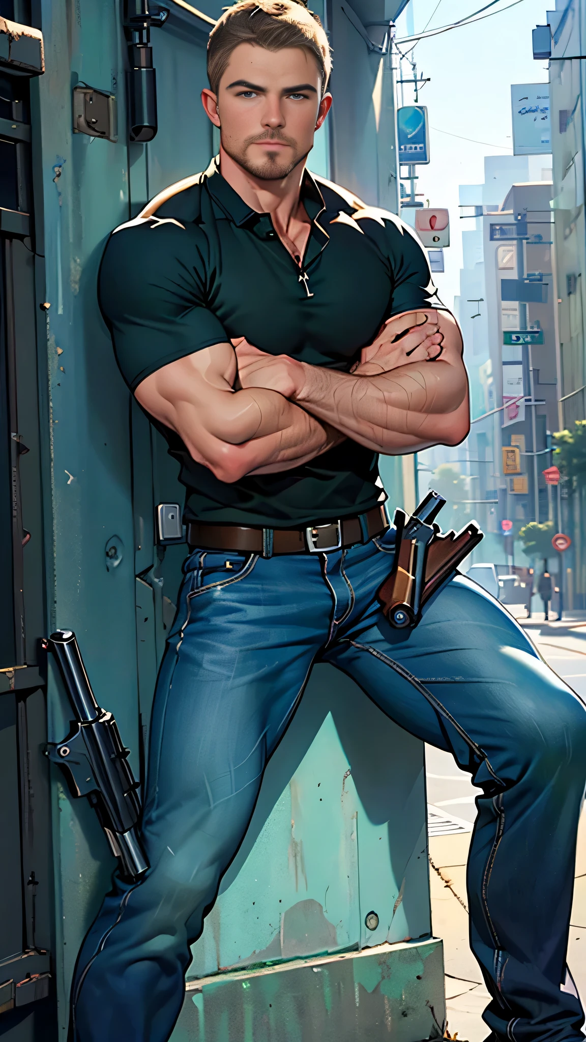 vpl,vpl,1 man, male focus solo,45 yo man, (((Stephen AMELL as private investigator))), lean muscle, open blue shirt, marine blue jeans with brown belt ,( bulge), full body shot, dark blond short hair, BLUE GREEN EYES , well groomed facial hair, (((( HANDS CROSSED , holding TWO guns IN BOTH HANDS LIKE JAMES BOND )))) (((SPREAD LEGS , VERY MANLY APPERANCE ))), ultra high quality, masterpiece, ( ever changing background, blue and white and green arabesques lines in the background)