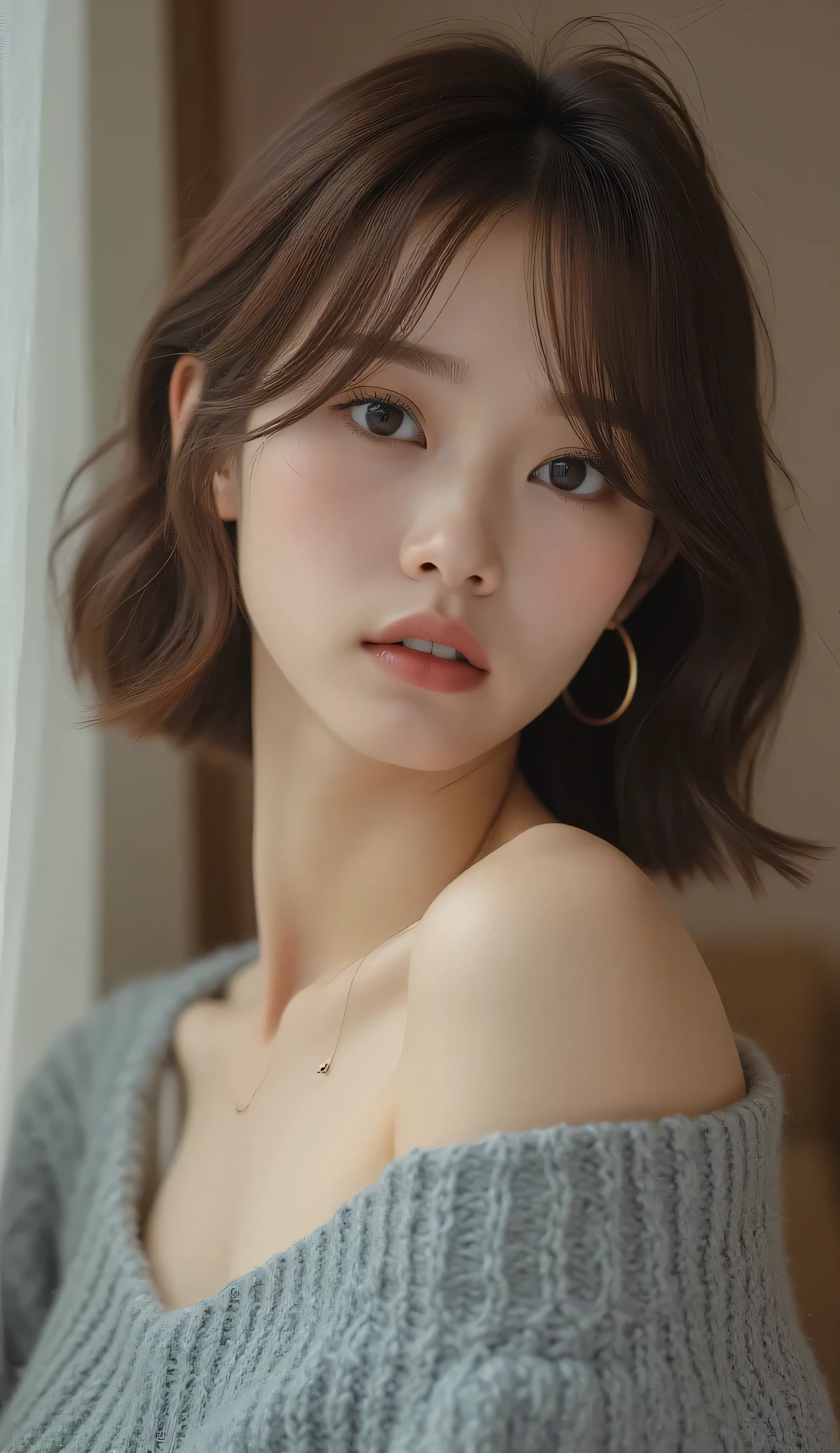 (masterpiece:1.3), (8k, Photorealistic, Raw photography, Top image quality: 1.4), Japan high school girls、(Random hairstyles:1.2)、cleavage of the breast:1.2、Super Detail Face、Eye of Detail、double eyelids、Bring your chest together、sharp focus:1.2、prety woman:1.4、light brown hair、top-quality、masterpiece、超A high resolution、(Photorealistic:1.4)、Highly detailed and professional lighting smile、Loose and light knitwear、Shoulder out、slender、serious facial expression、short-haired、Fatal position,(masterpiece:1.3), (8k, Photorealistic, Raw photography, Top image quality: 1.4), Japan high school girls、(Random hairstyles:1.2)、cleavage of the breast:1.2、Super Detail Face、Eye of Detail、double eyelids、Bring your chest together、sharp focus:1.2、prety woman:1.4、light brown hair、top-quality、masterpiece、超A high resolution、(Photorealistic:1.4)、Highly detailed and professional lighting smile、Loose and light knitwear、Shoulder out、slender、serious facial expression、short-haired、Fatal position