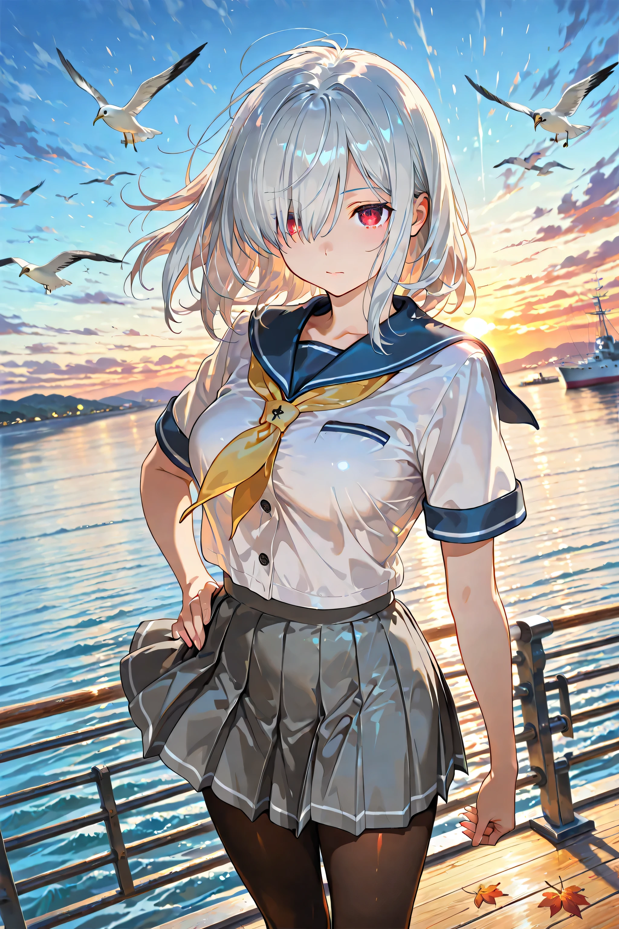 1 girl, Game CG,
((Masterpiece)),(( highest quality)), ((high resolution)), clear autumn harbor, one girl, solo, bellow shot, standing, dignified expression, determined gaze, closed mouth, beautiful face and eye details, dynamic pose, one hand on hip, the other saluting, clear blue sky, golden sunset, harbor view, anchored Self-Defense Force ships, rippling water, seabirds flying, autumn leaves, hair blowing in the wind, cinematic lighting, panoramic composition, vibrant colors, detailed background, cinematic atmosphere
(silver Hair, Crimson red inner color, straight medium hair, deep red eyes, Clear and Sensual eyes,), perky breasts:1.4, groin tendon,
erotic expression,
bangs, hair over one eye,
hamakazedefkc, serafuku, white shirt, blue sailor collar, yellow neckerchief, short sleeves, buttons, grey skirt, pleated skirt, miniskirt, brown pantyhose, black loafers,
Firm breasts, High chest, Intricate details, Perfect Contour, Perfect Anatomy, Lens Flare, Cinematic Light Effects,