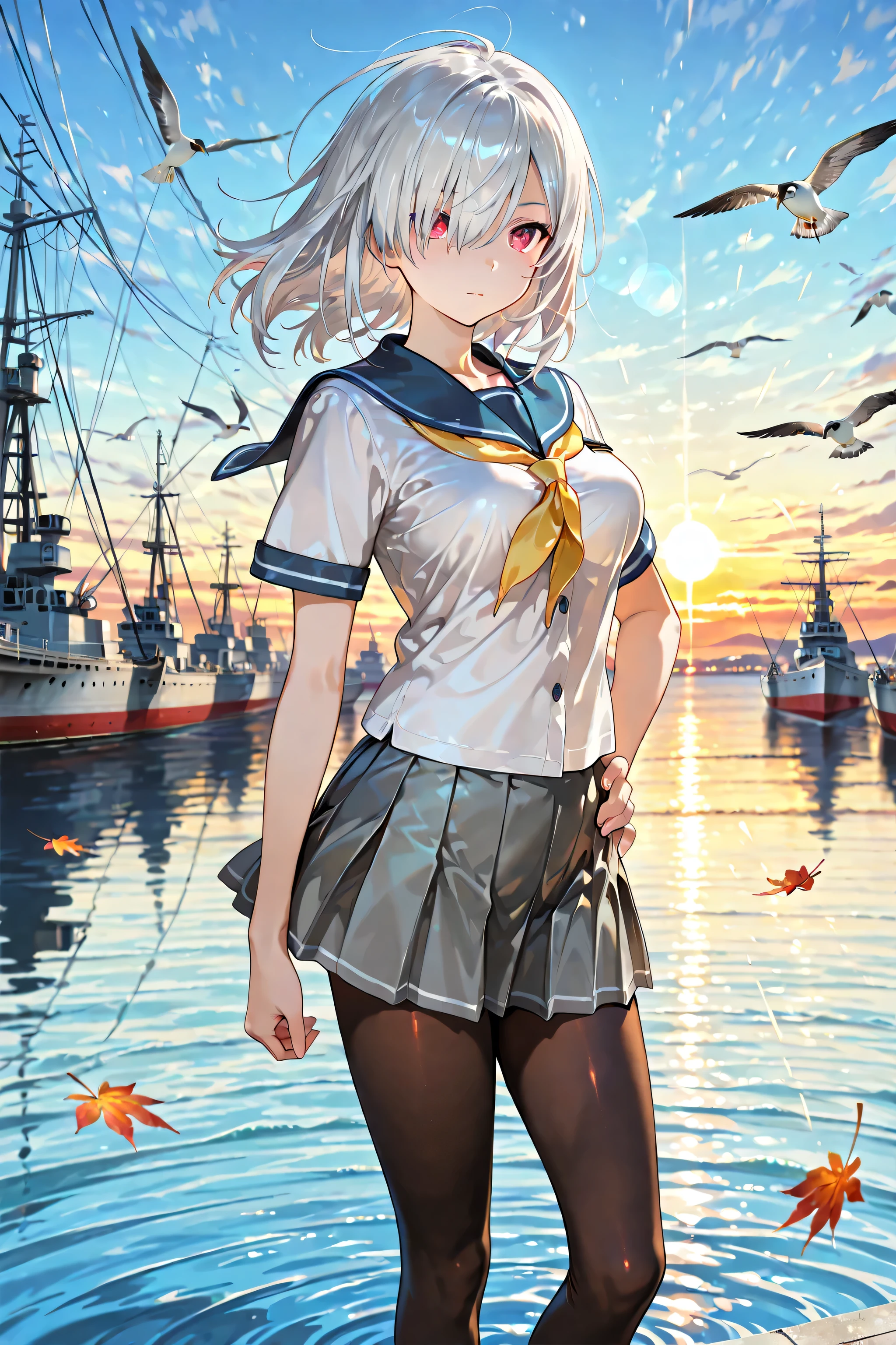 1 girl, Game CG,
((Masterpiece)),(( highest quality)), ((high resolution)), clear autumn harbor, one girl, solo, bellow shot, standing, dignified expression, determined gaze, closed mouth, beautiful face and eye details, dynamic pose, one hand on hip, the other saluting, clear blue sky, golden sunset, harbor view, anchored Self-Defense Force ships, rippling water, seabirds flying, autumn leaves, hair blowing in the wind, cinematic lighting, panoramic composition, vibrant colors, detailed background, cinematic atmosphere
(silver Hair, Crimson red inner color, straight medium hair, deep red eyes, Clear and Sensual eyes,), perky breasts:1.4, groin tendon,
erotic expression,
bangs, hair over one eye,
hamakazedefkc, serafuku, white shirt, blue sailor collar, yellow neckerchief, short sleeves, buttons, grey skirt, pleated skirt, miniskirt, brown pantyhose, black loafers,
Firm breasts, High chest, Intricate details, Perfect Contour, Perfect Anatomy, Lens Flare, Cinematic Light Effects,