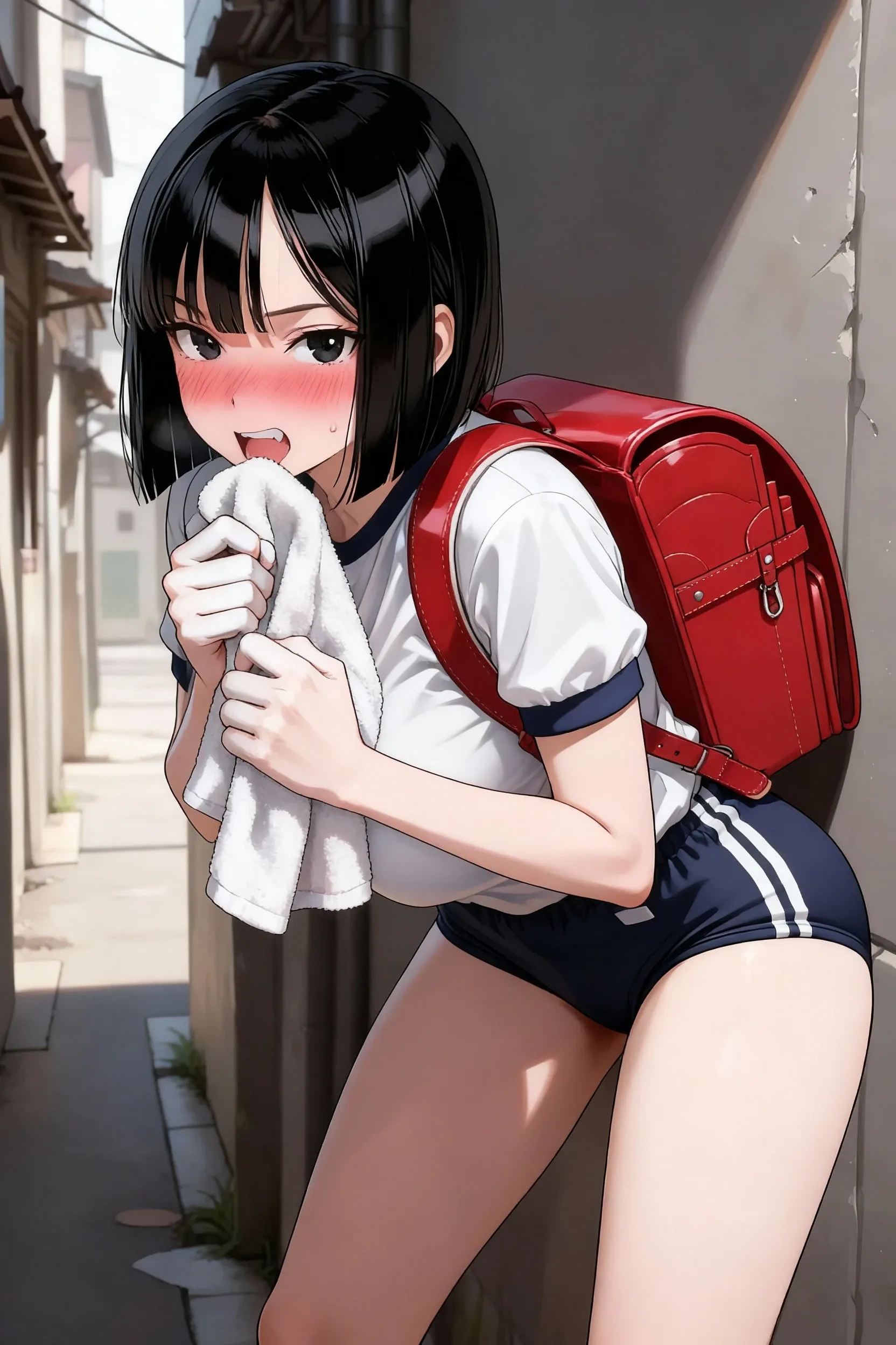 masterpiece, Highest quality, Nico_Yazawa,High resolution, 1 Girl, alone, Brown Hair, short hair, Twin tails、Purple eyes,  , , (Cleavage)、(Beautiful thighs), Carrying a red backpack, (randoseru backpack:1.2) Sweaty、Thick thighs、Highest quality、4K、1girl, 8years old, loli, cute, grin, （Surrounded by men in the park））、、Thick thighs、Men with their ??????? out, surrounding a girl、????? from the ?????、???????、???????、（???????）projectile ???、???????、Lots of passersby、??????、low length、、、???????、School Swimsuit、、Spread your legs、(embarrassed,blush:1.3)（???????）（???????）thighhighs