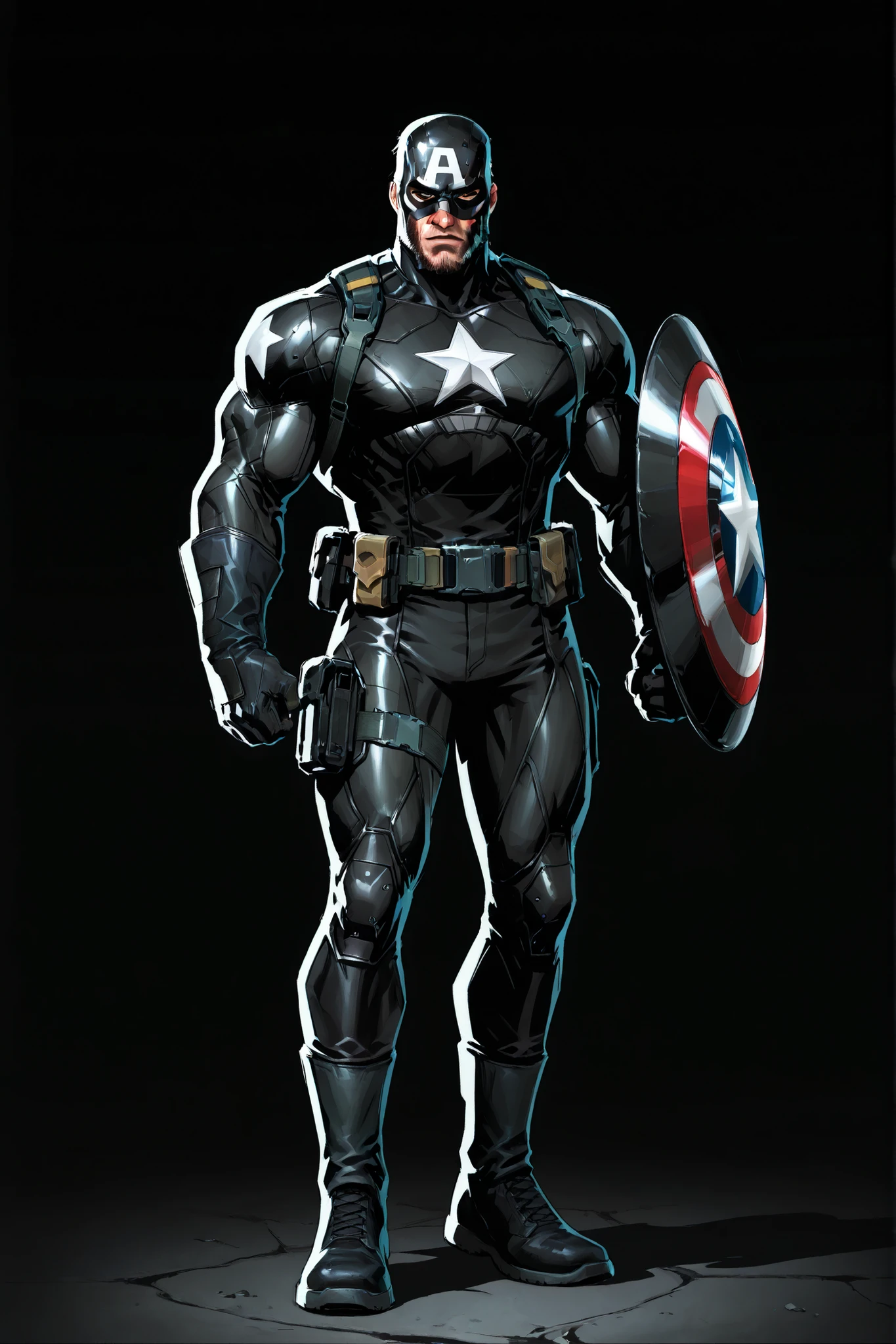 A dark reimagined Captain America. Wears black tactical kevlar suit with red trims and holding a shiny round black shield with a single white star in the center, utility belt with guns, Wearing a Half-mask combat helmet, beard on face. Gritty, cinematic lighting. Dark background, antihero vibes, detailed texture, dramatic shadows, tall athletic muscular body, 2.5D cartoon style, 8K ultra HD, high quality, front view, bold black outlines, white background , full body 