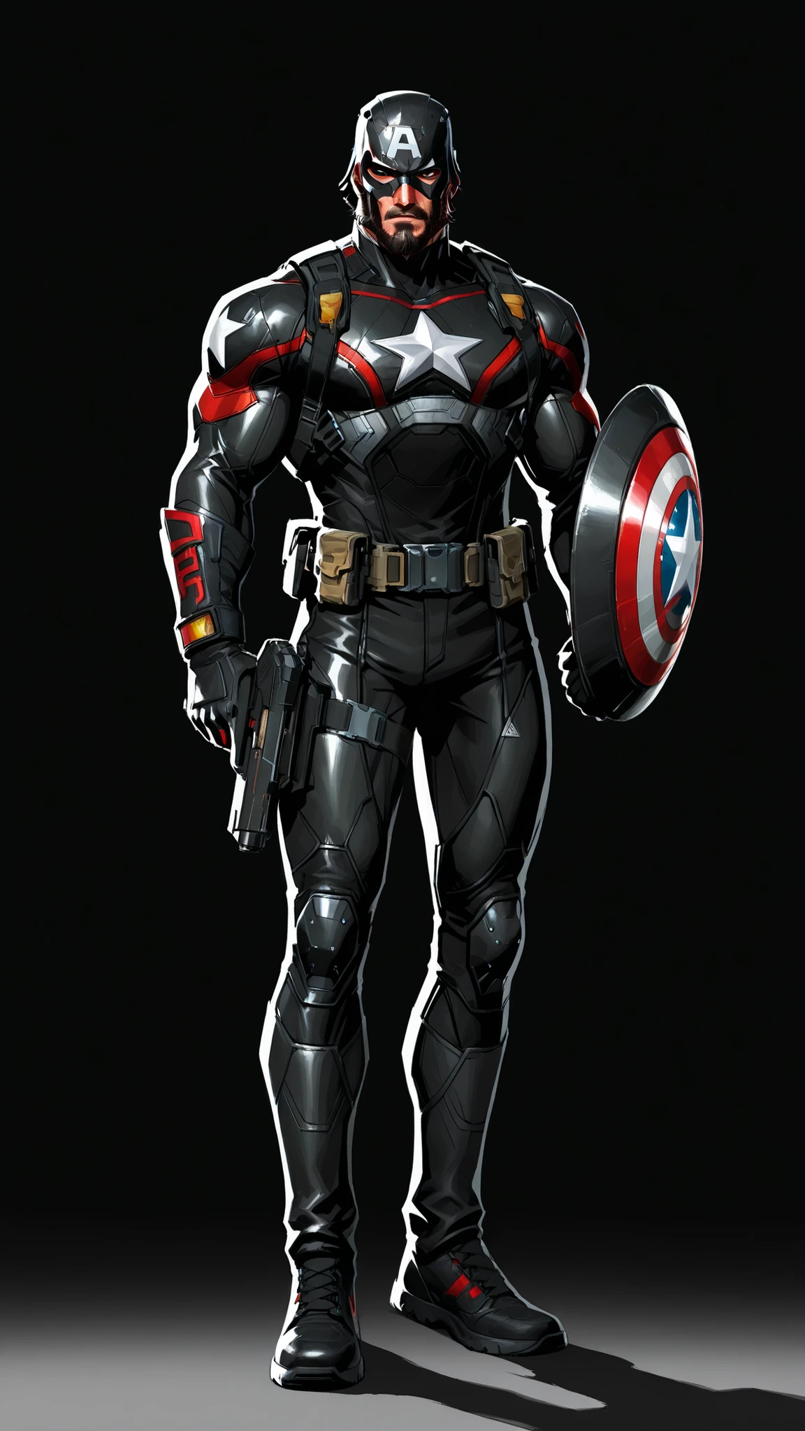 A dark reimagined Captain America. Wears black tactical kevlar suit with red trims and holding a shiny round black shield with a single white star in the center, utility belt with guns, Wearing a Half-mask combat helmet, beard on face. Gritty, cinematic lighting. Dark background, antihero vibes, detailed texture, dramatic shadows, tall athletic body, 2.5D cartoon style, 8K ultra HD, high quality, front view, bold black outlines, white background , full body 