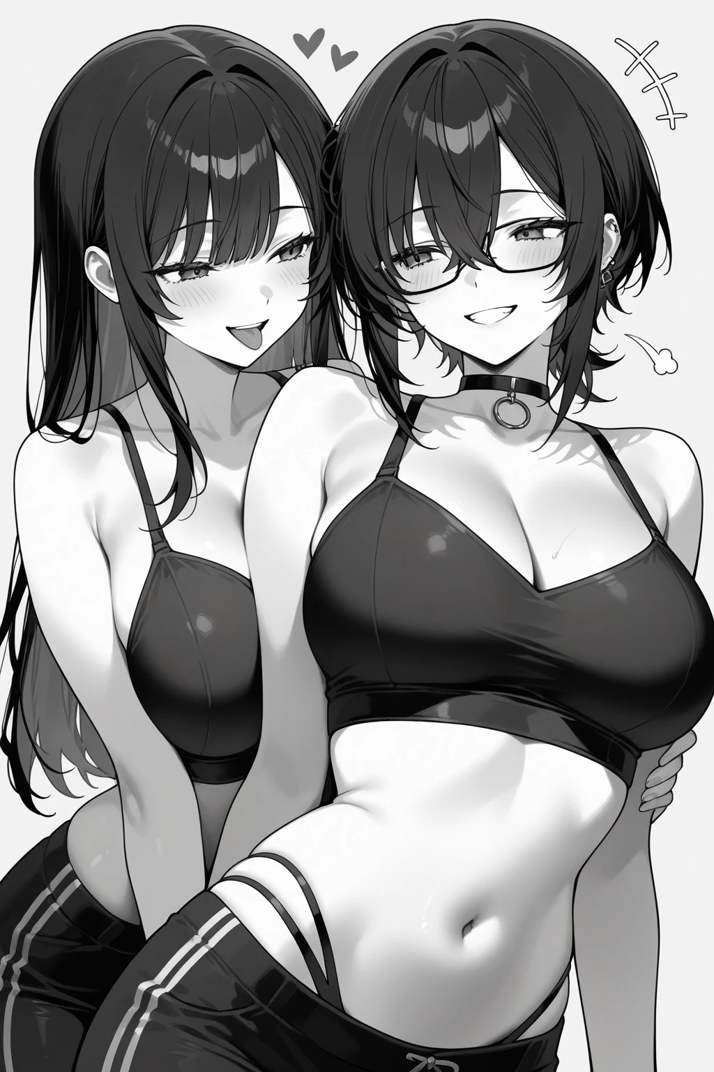 the two women are next to each other and holding a knife and a sword, striped, shorts, tan, glasses, jewelry, thighhighs, black hair, navel, necklace, multiple girls, tanlines, crossed arms, denim, short shorts, 2girls, open mouth, midriff, twintails, looking at viewer