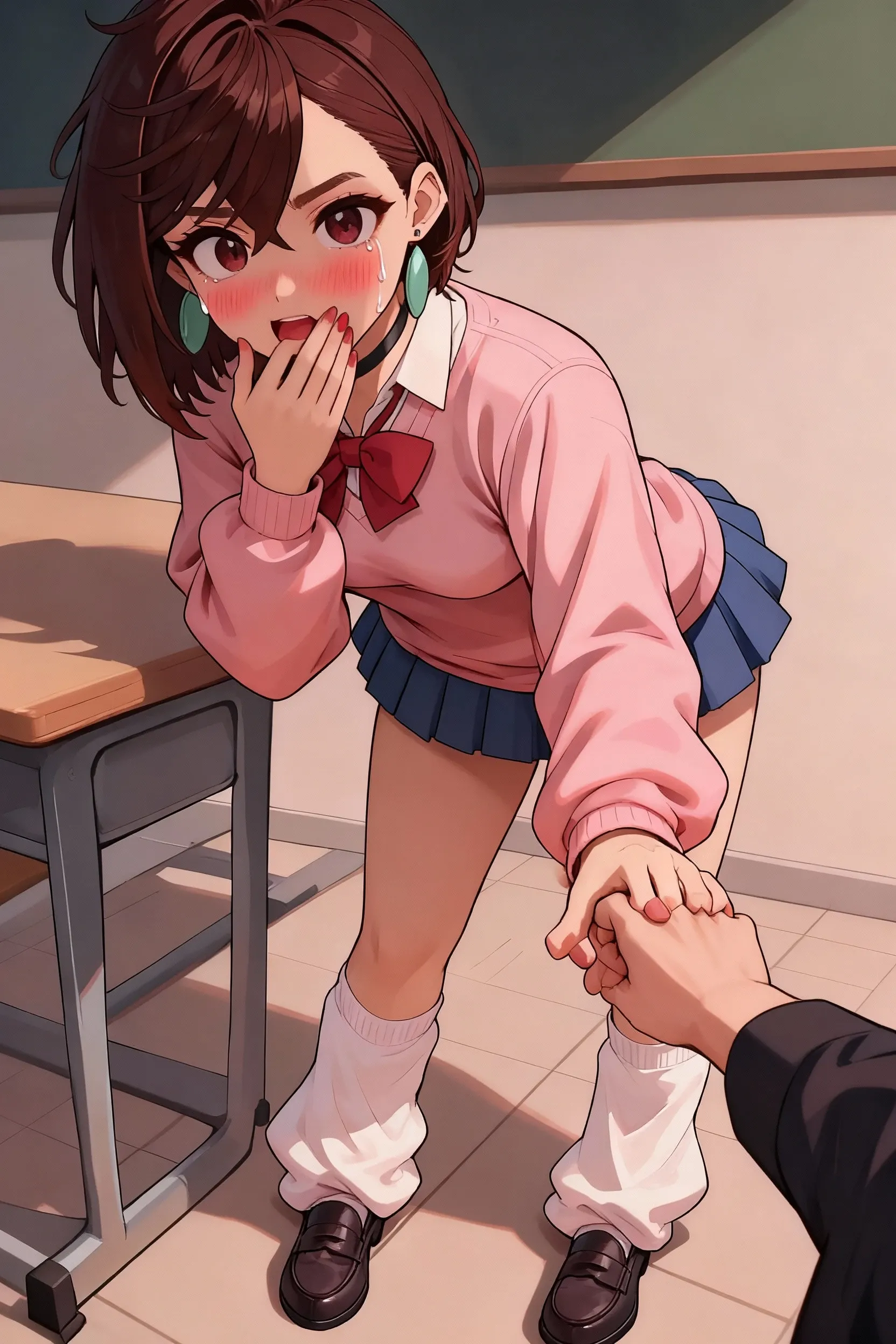 masterpiece, best quality,
1girl, outfitpss, medium breasts, brown hair, brown eyes, medium hair, black choker, earrings,  jewelry,
pink sweater, pink cardigan, earrings, jewelry, black choker, white shirt,  school uniform, collared shirt, red bowtie,blue skirt, pleated skirt, miniskirt, white socks, black footwear, loafers, loose socks,
candy, lollipop, leaning forward,looking at viewer, full body, bent over, standing, smile, gyaru, hands on own thighs, hands on own knees, classroom, fingernails, red nails, nail polish, 
 <lora:aysmm_idxl_EliPot:1>