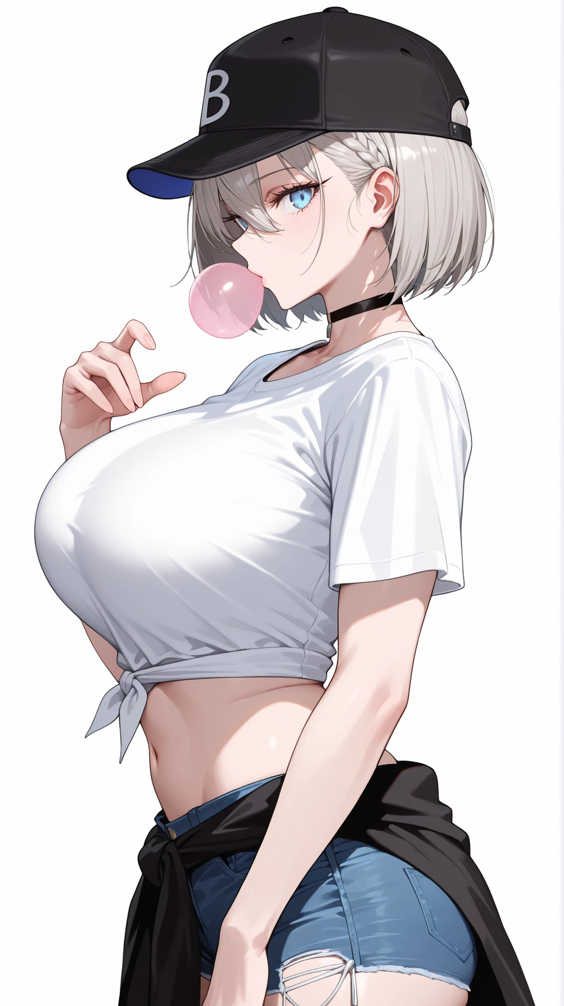1girl, solo, anime girl, elegant, badass, baltimore, masterpiece, very aesthetic, grey hair, short hair, french braid, hair between eyes, bob cut, light blue eyes, sharp eye outlines, long eyelashes, looking at viewer, big breasts, midriff, curvy body, white shirt, tied shirt, short sleeve, denim booty shorts, white shoes, black jacket around waist, plain black baseball cap, black choker, bubble gum, standing, dynamic pose, side profile, half body, white background, simple background, soft skin, volume light, depth of field, high detail, highres, ultra-detailed, detailed face, (detailed eyes), (perfect eyes), perfect composition, intricate details, detailed and polished anime style, (detailed hand), (perfect hand), (anatomically correct hand), 4K, 8K