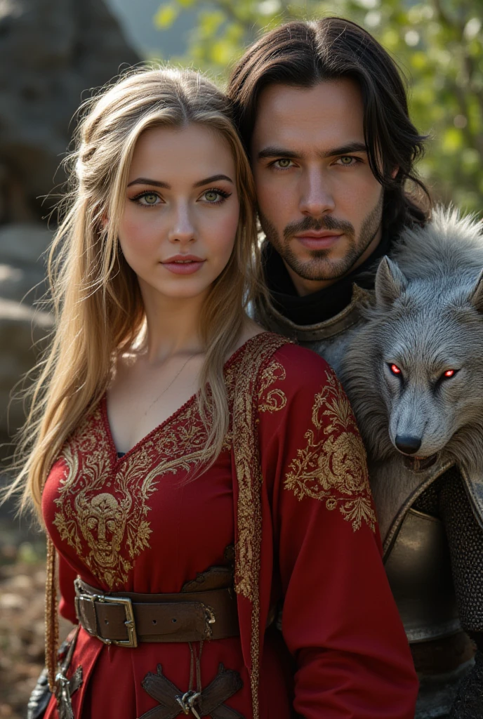 A white wolf with his white fur on his side a handsome man with light brown hair blue eyes with a white shirt half open at his side a beautiful woman his blue eyes his red dress his wavy blond hair and the moon lights them up 