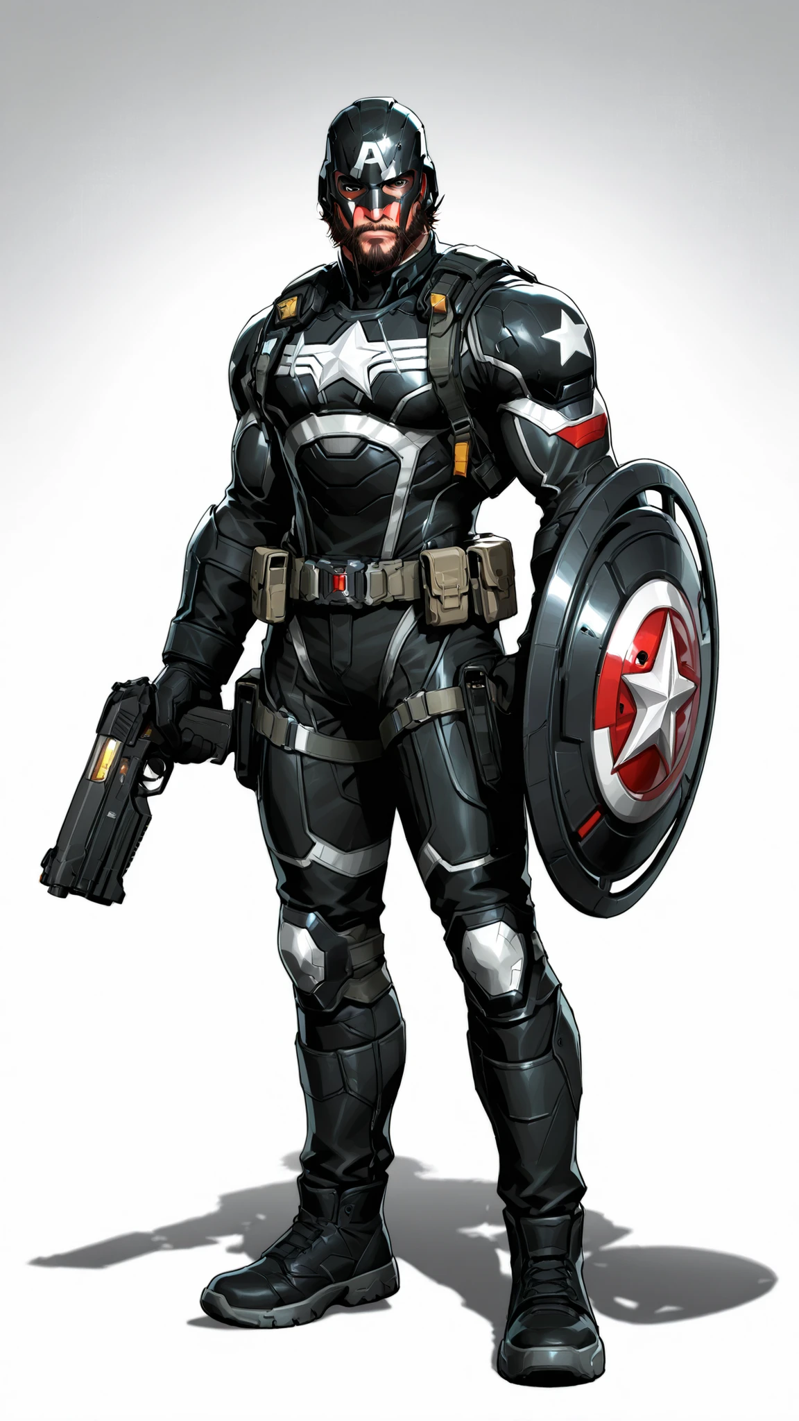 A dark reimagined Captain America. Wears black tactical kevlar suit with red trims and holding a shiny round black shield with a single white star in the center, utility belt with guns, Wearing a Half-mask helmet, beard on face. Gritty, cinematic lighting. Dark background, antihero vibes, detailed texture, dramatic shadows, tall athletic body, 2.5D cartoon style, 8K ultra HD, high quality, front view, bold black outlines, white background , full body 