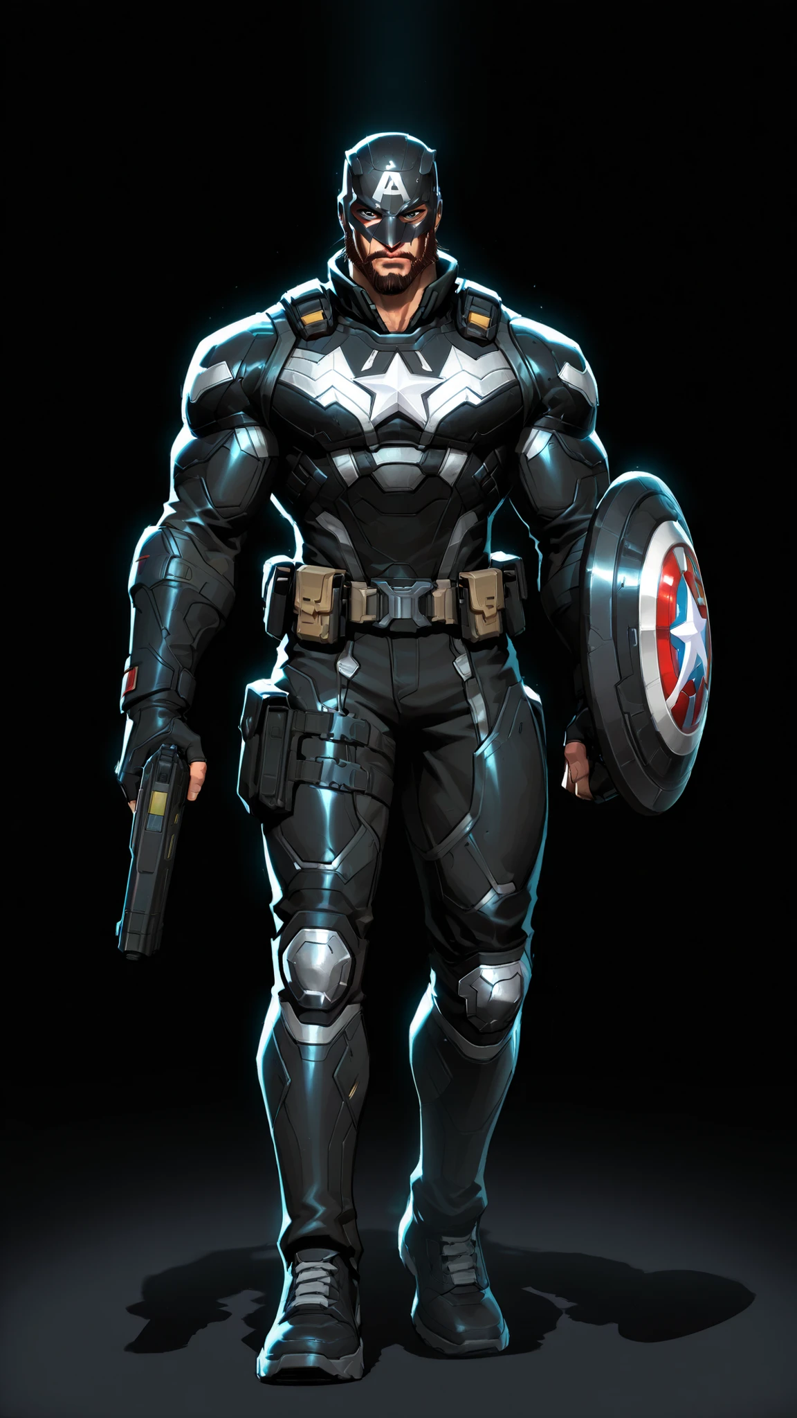 A dark reimagined Captain America. Wears black tactical kevlar suit with red trims and holding a shiny round black shield with a single white star in the center, utility belt with guns, Wearing a Half-mask helmet, beard on face. Gritty, cinematic lighting. Dark background, antihero vibes, detailed texture, dramatic shadows, tall athletic body, 2.5D cartoon style, 8K ultra HD, high quality, front view, bold black outlines, white background , full body 
