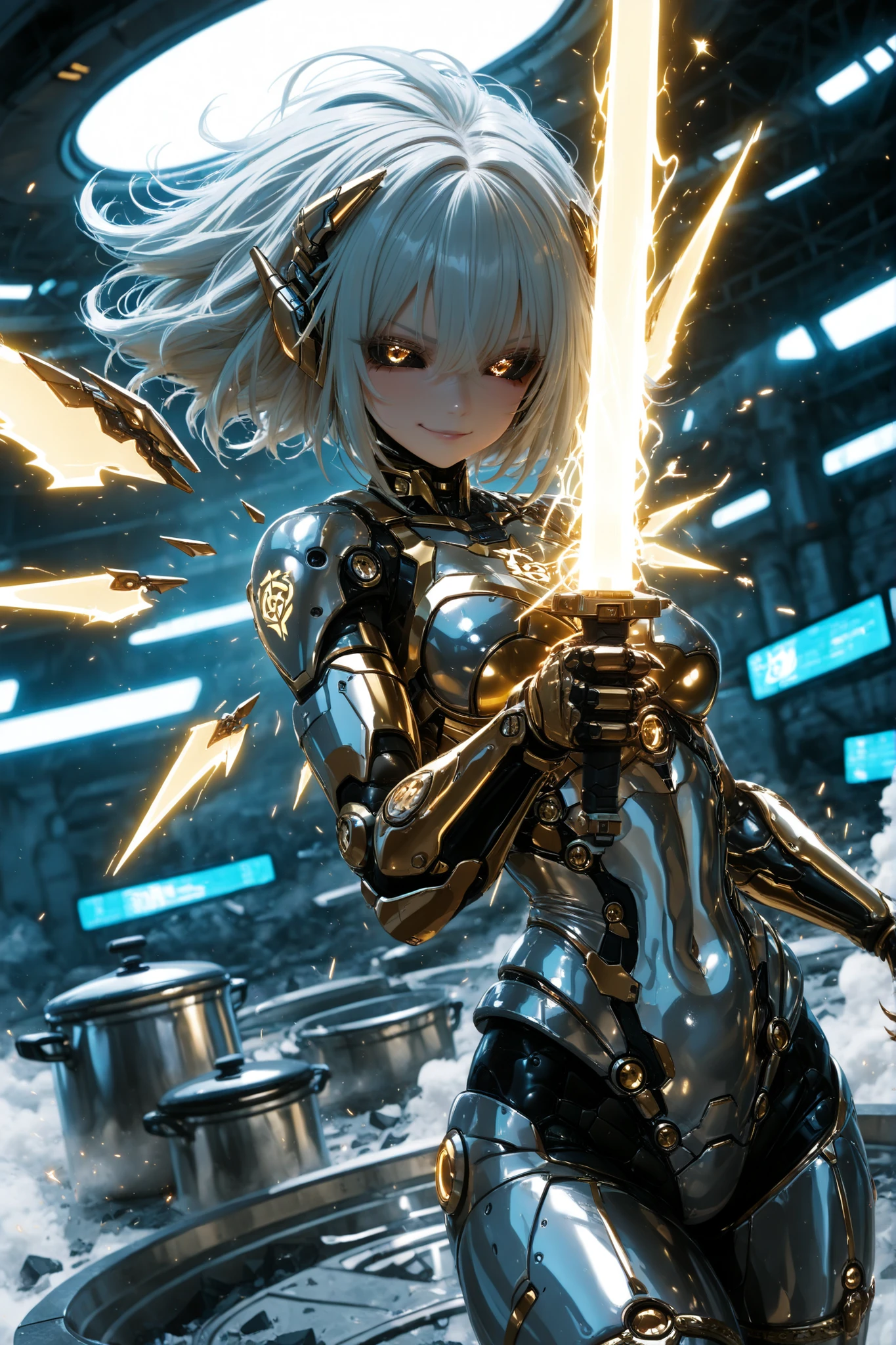 (4k,8 k,ultra high definition), masterpiece, highest quality, ultra-detailed, very aesthetic, depth of field, better lighting, Detailed Illustration, detailed background, cinematic, AMBIENT OCCLUSION BREAK, ray tracing, soft lighting, blossom effect , absolutely attractive, intricate cinematic background, ultra-detailed, cg, BREAK Portrait, 1girl, woman warrior , Cybernetic fighter, Silver metallic hair, smooth mechanical body, muscular, but elegant physique, medium chest, very long biomechanical hair, golden glowing lines, passing through the body, black sclera with golden eyes, pretty face, Gold schemes, hinges and mechanical joints, 4 cyber wings with glowing white light, energy wings, holds a futuristic energy sword, claws are visible, confident fighting position, a slight smirk, intense expression, Battle Focus , floating energy sparks around, BREAK
futuristic battle arena, surrounded by a holographic audience, neon lights, Square blade, space, visible through the arena dome, spaceship arena interior, dramatic lighting, Dust and debris in the air, dynamic angle, kinetic movement, charged with morale
martial arts stand, aura of reinforcement, pot, bruises, Rope Ring, referee in the background, dynamic impact movement, armoured torso, muscle tension